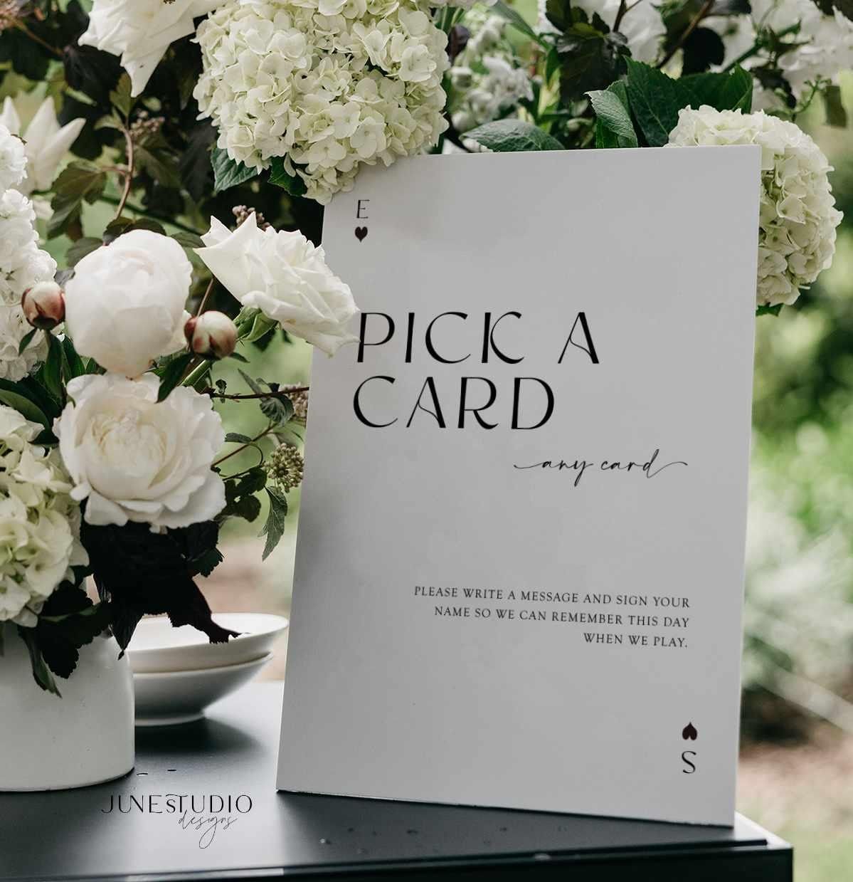 Enseigne de livre d’or de mariage : cartes à jouer modernes, signalétique minimaliste Pick A Card (modèle numérique, modifiable) ELIZA