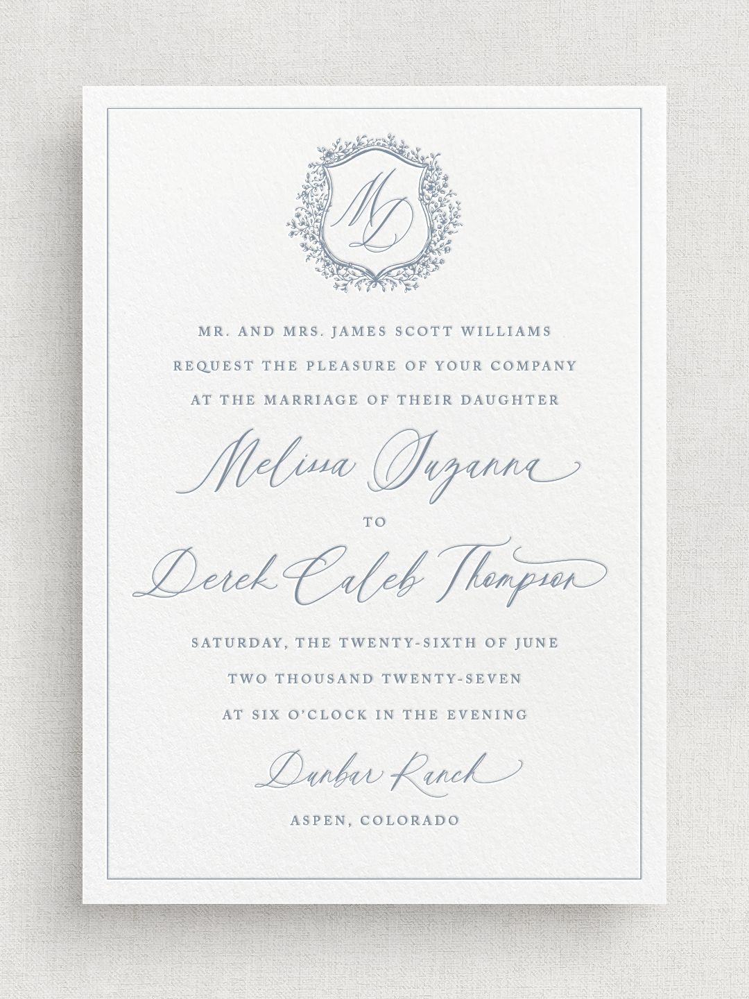 Letterpress Wedding Invitation with Vintage Crest & Monogram