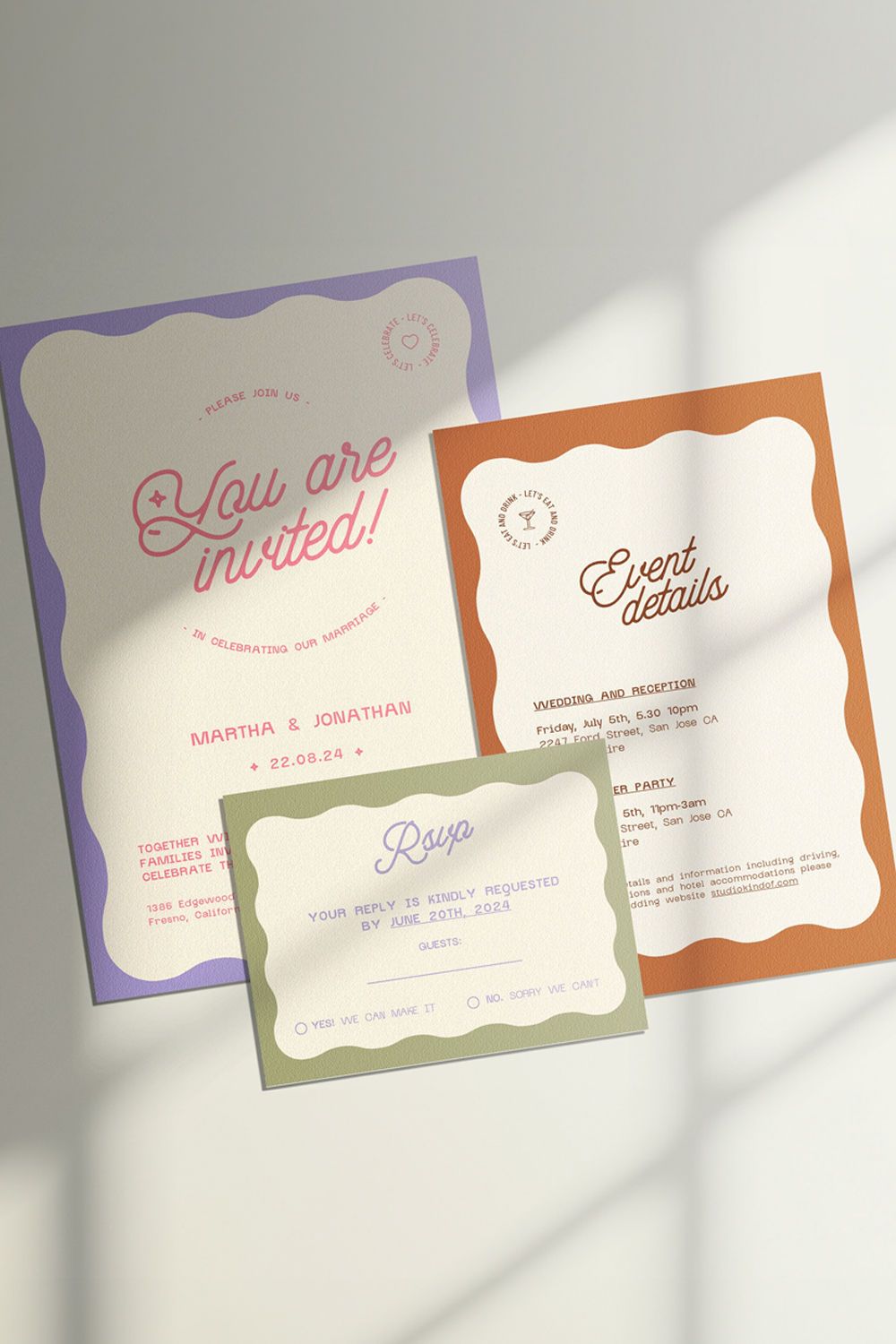 Retro curve wavy customizable Wedding Invitation, Details card RSVP card