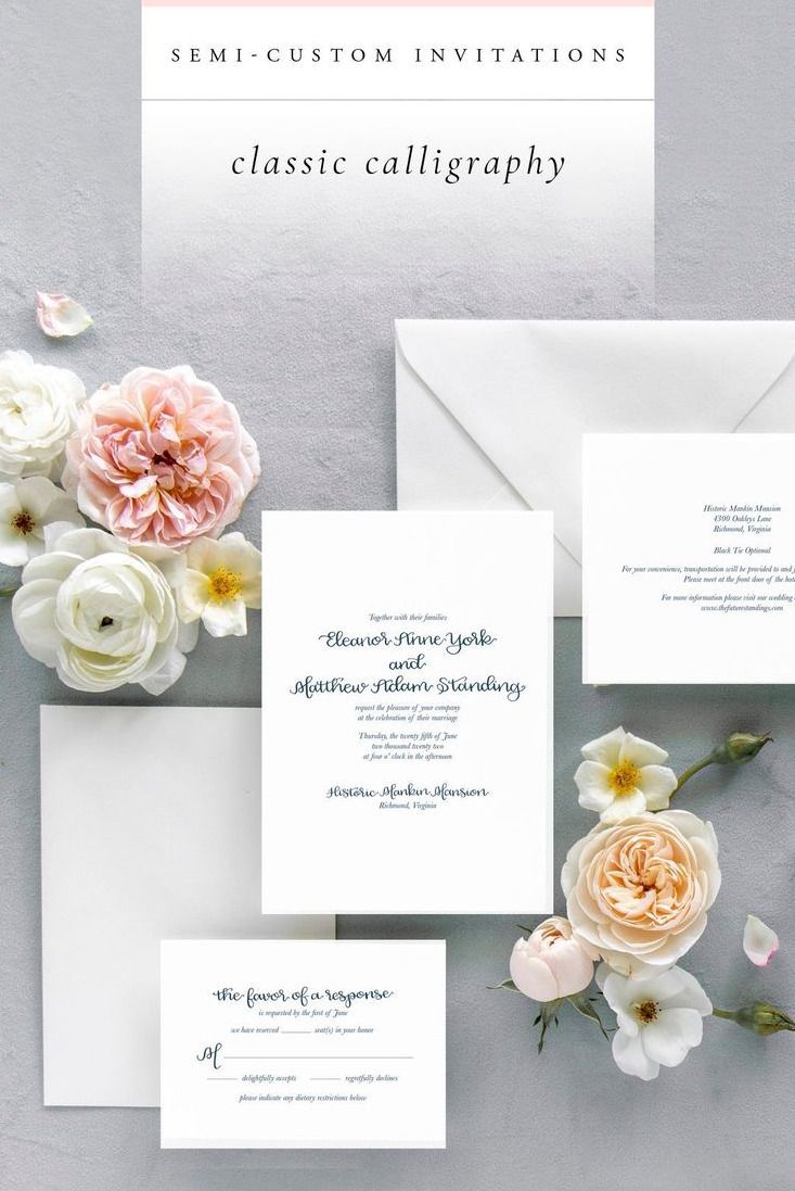 Classic calligraphy wedding invitations featuring semi-custom design elements