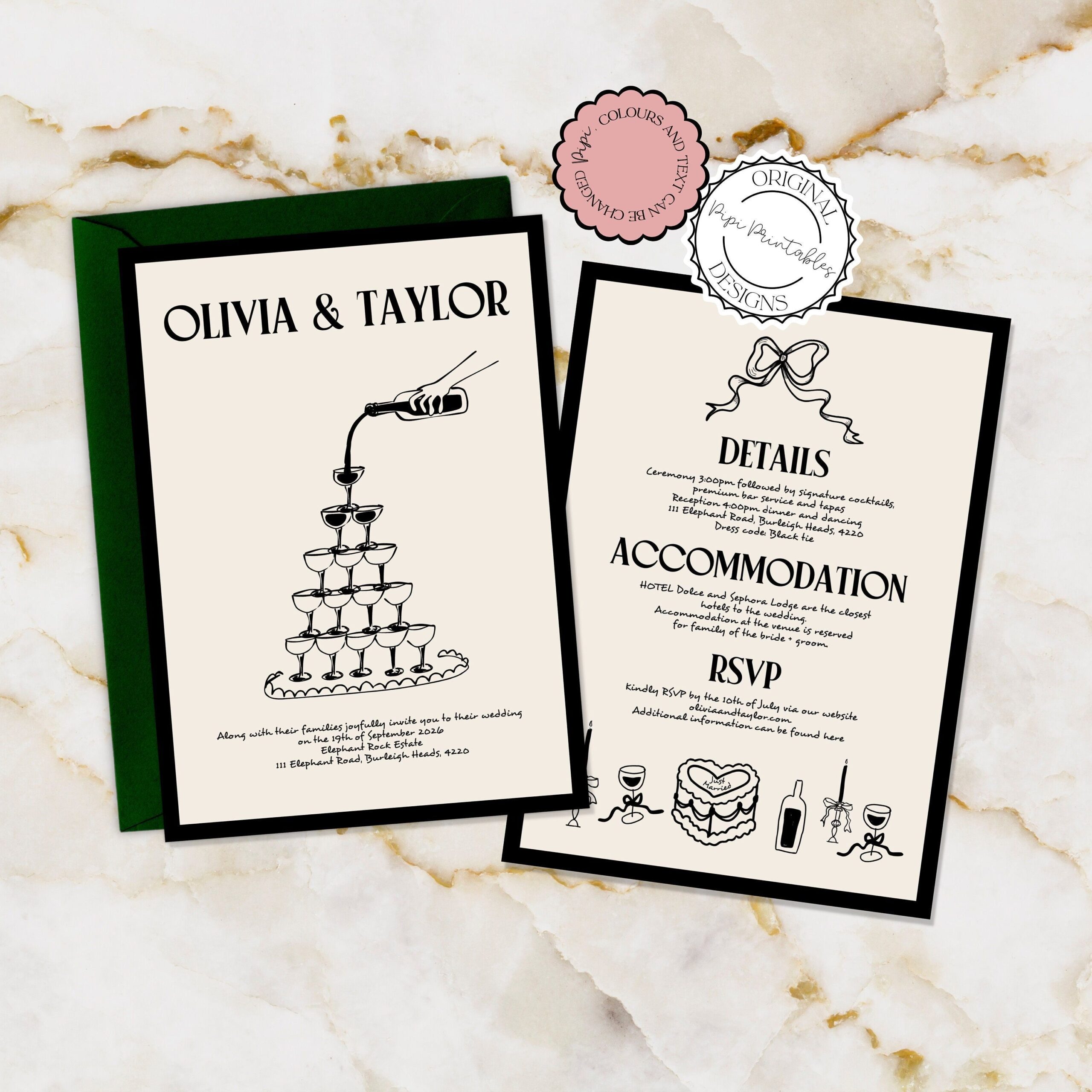 Modèle de faire-part de mariage dessiné main vieil argent esthétique gribouillis illustré tour à champagne itinéraire de mariage mariage vintage rétro des années 90