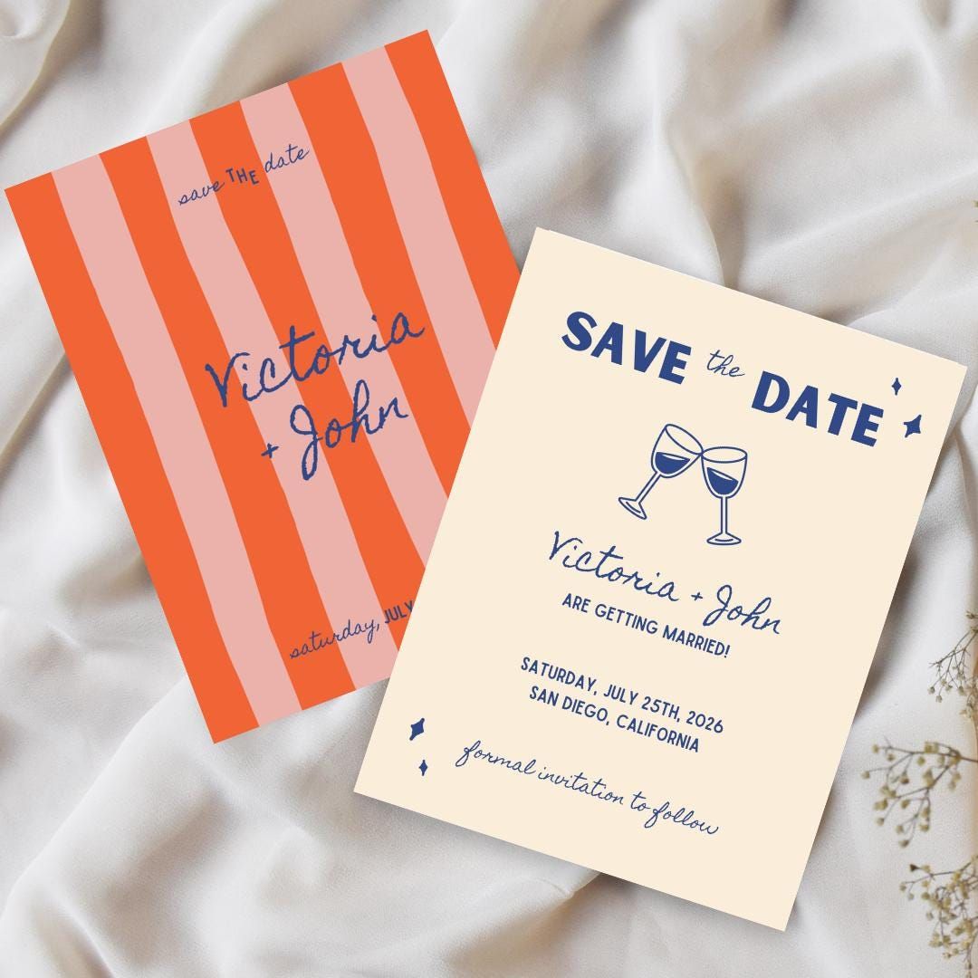 Réservez le modèle de mariage date | Amusant, coloré, illustrations | Téléchargement numérique instantané | Modifier sur Canvas | Cartes de mariage tendance et modernes