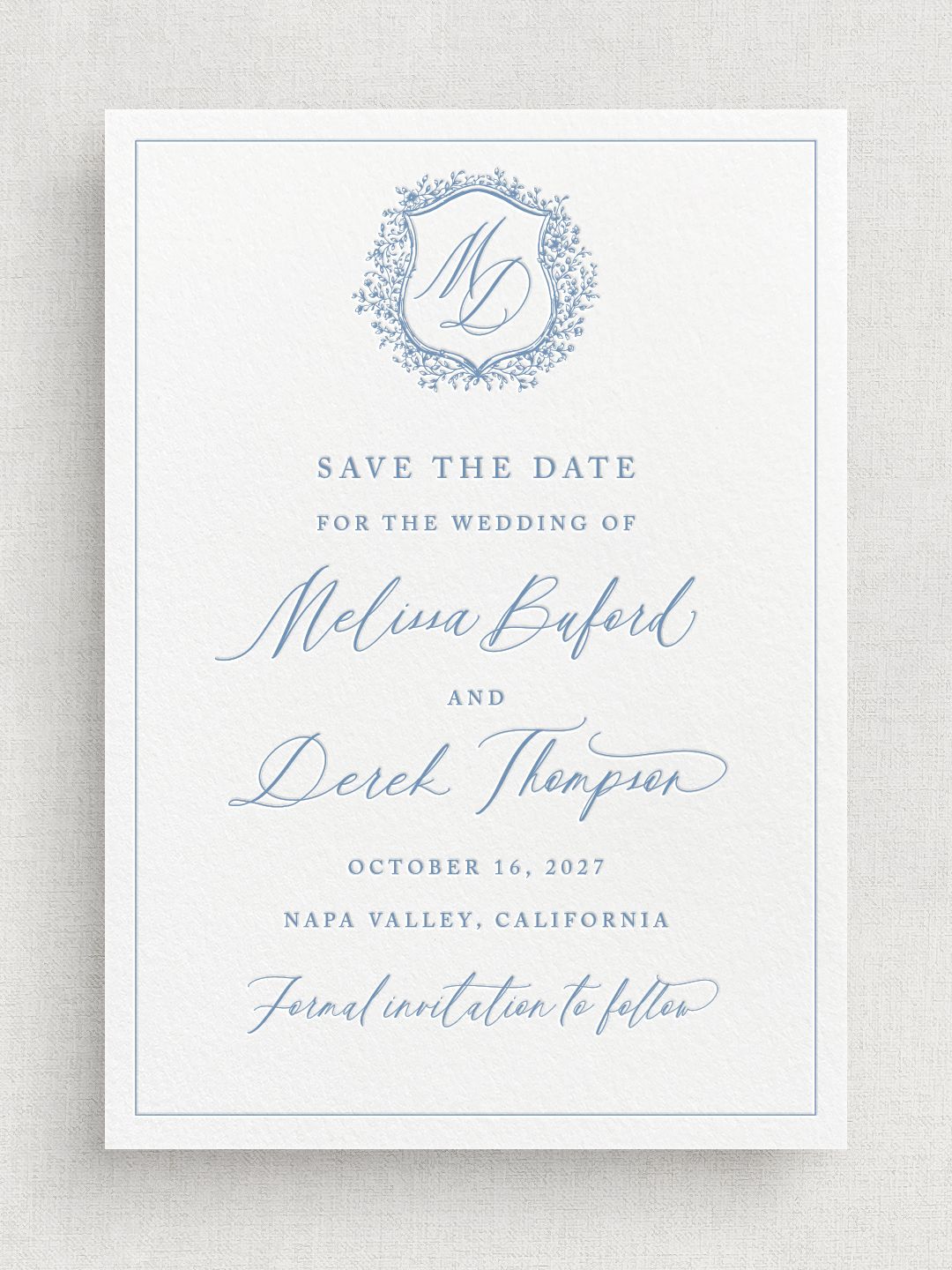 Letterpress Wedding Invitation with Vintage Crest & Monogram