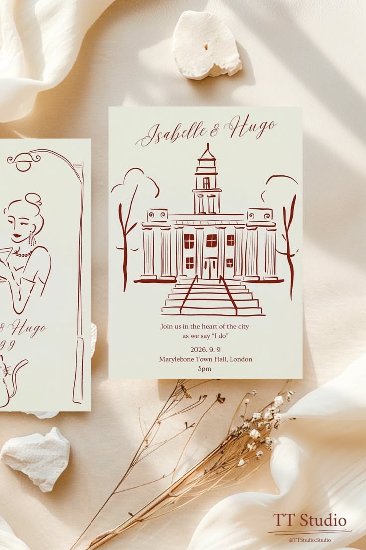 Modern London City Wedding Invitations for 2026–2027 Brides | Minimal Ink Illustration Stationery