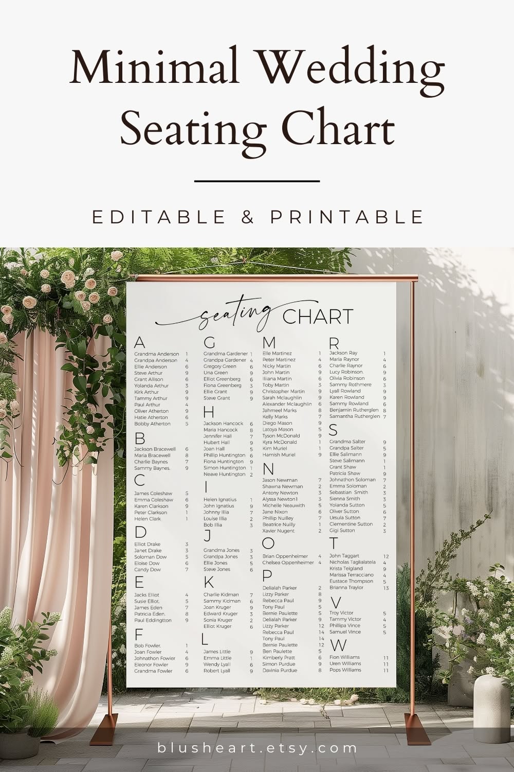 Editable XL Modern Minimalist Wedding Alphabetical Seating Chart Sign Portrait | 150 guests