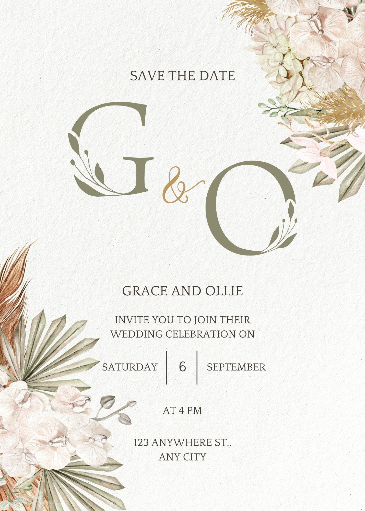 Digital Wedding Save the Date, Wedding Invitation, Trendy Green and Gold