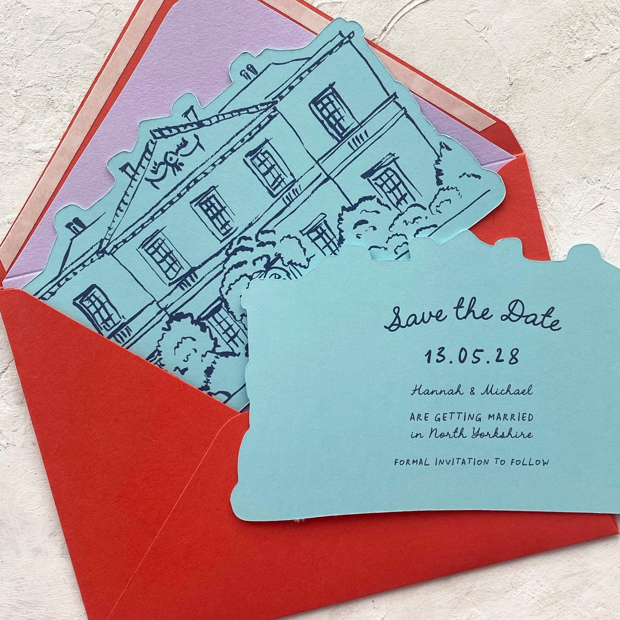 Wedding Save the Dates with Illustrated Venue Sketch | Personalised Wedding Invites