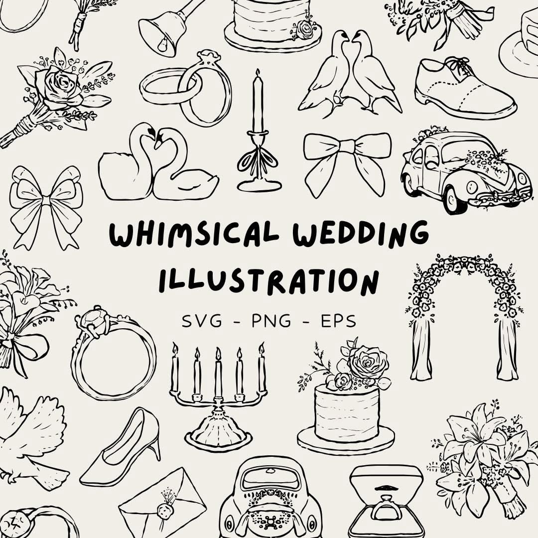 Lot de cliparts mariage fantaisiste | Graphiques de fiançailles dessinés à la main (SVG, PNG, EPS)