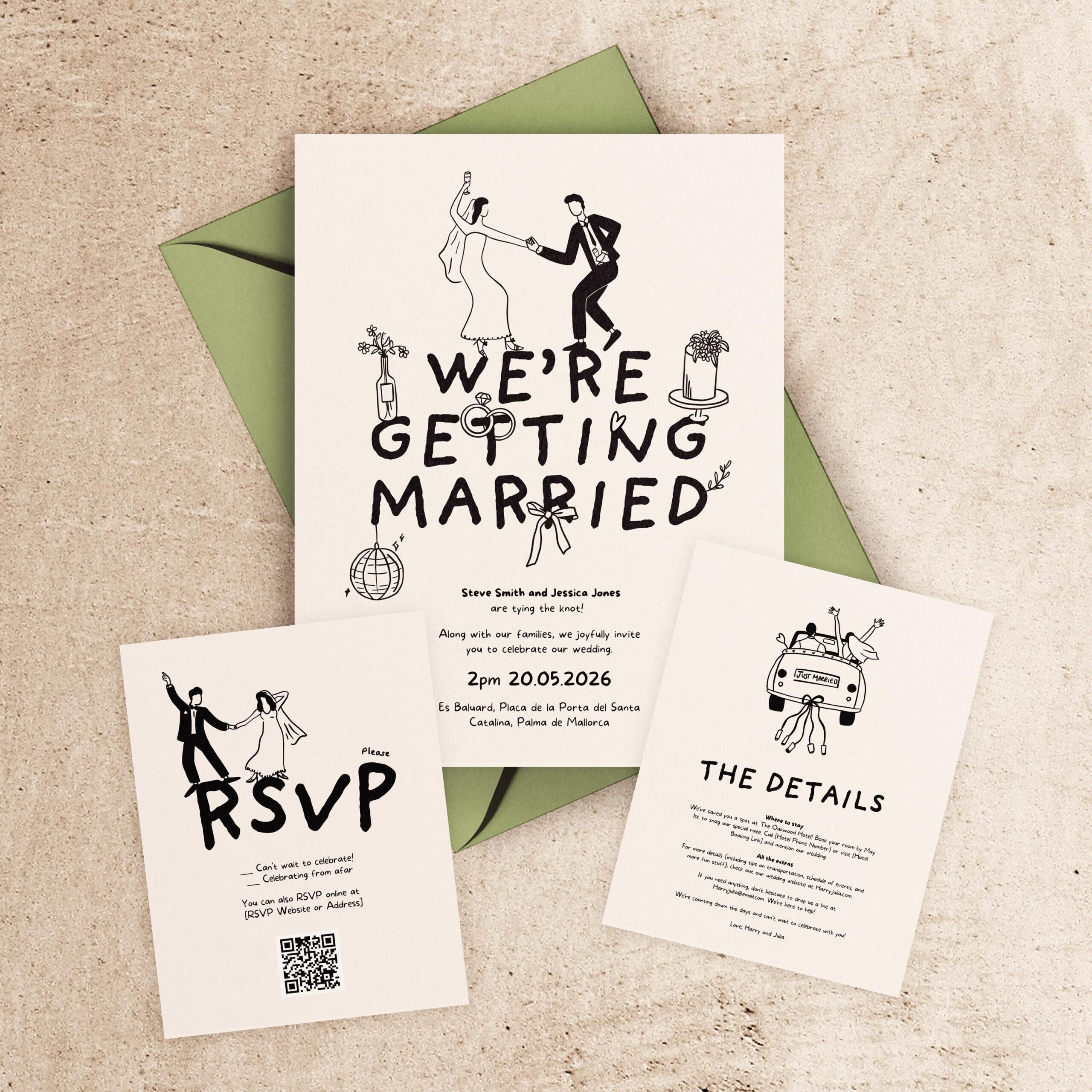 Suite illustrée de modèles d’invitations de mariage | Invitation RSVP dessinée à la main, modifiable recto-verso, détails