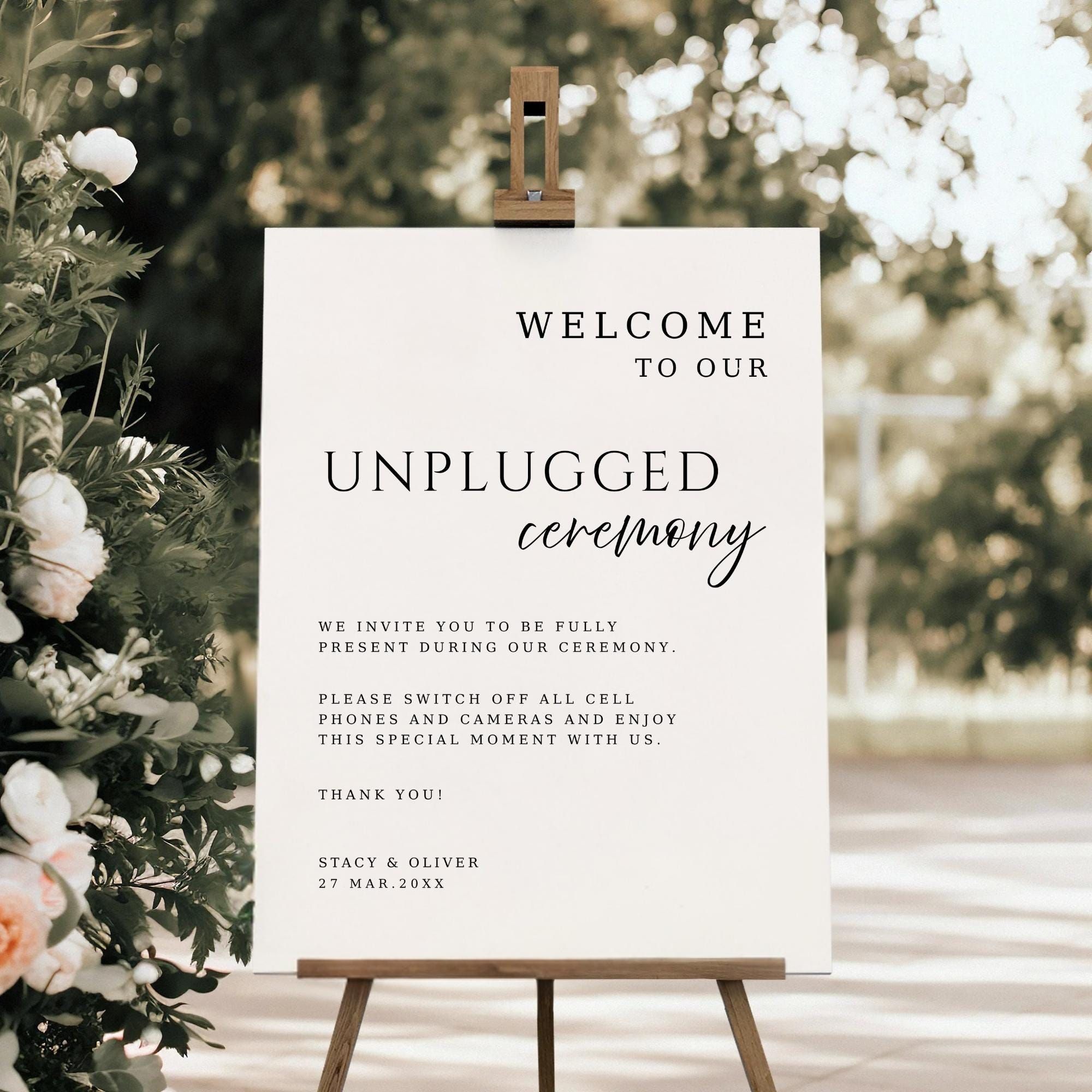 Panneau de mariage minimaliste débranché | Panneau de bienvenue « Pas de téléphone » de style éditorial | Impression sur toile | Panneau de mariage blanc moderne simple | BB01