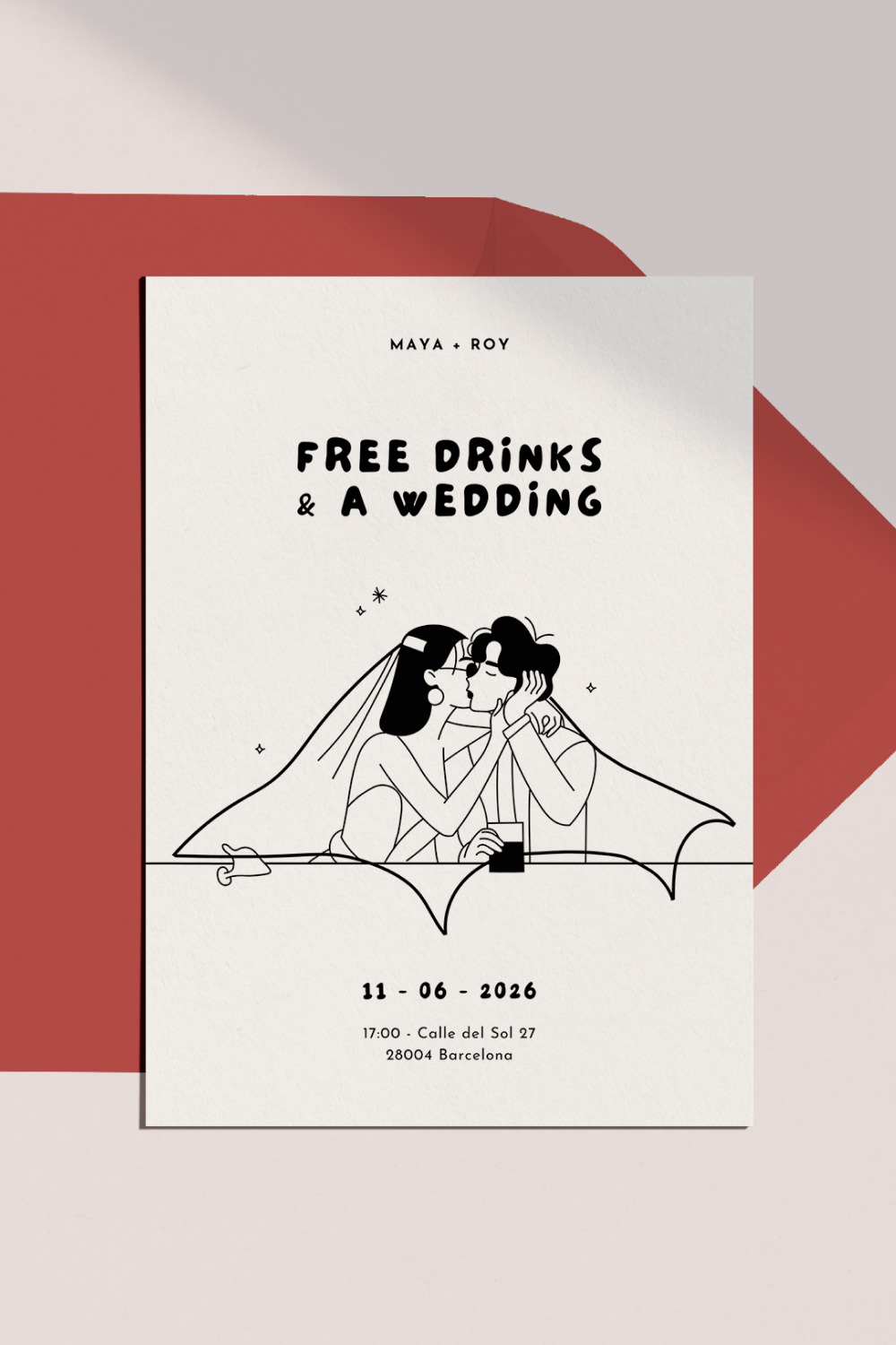 Free Drinks and a Wedding Invitation Template | Illustrated Hand-drawn Couple Veil Kiss