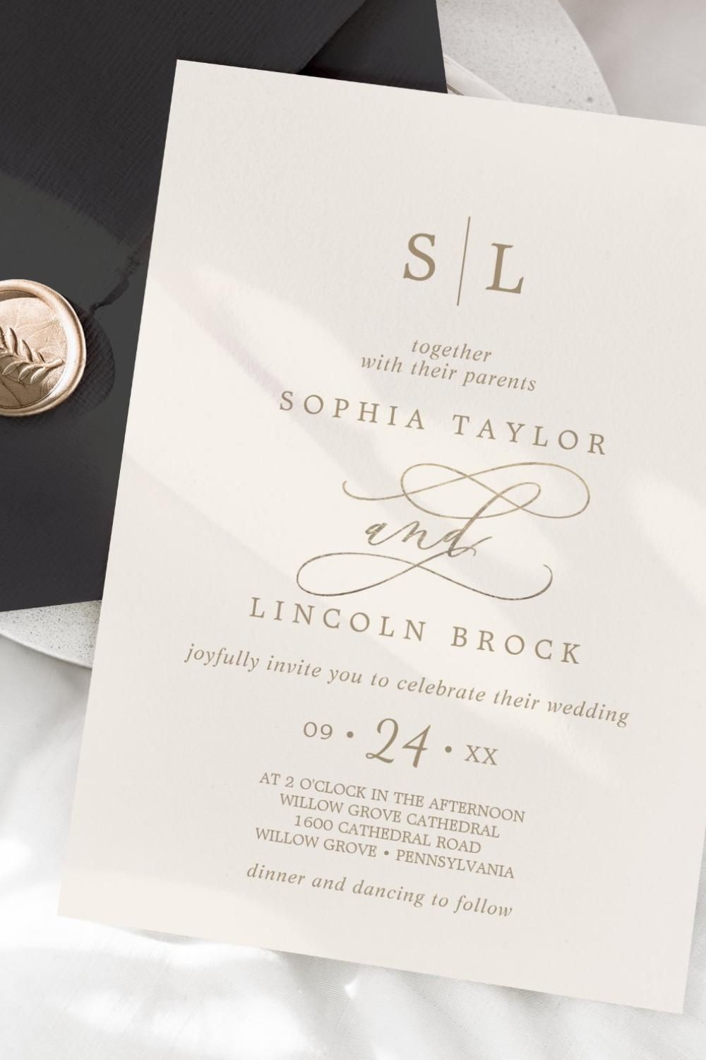 Romantic Gold Calligraphy | Ivory Monogram Wedding Invitation