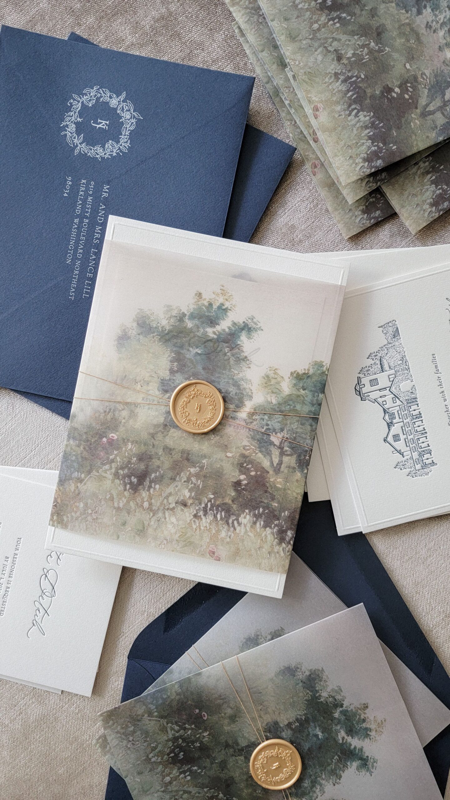 Navy blue & cream invitation suite with vintage artwork vellum wraps | KE co.