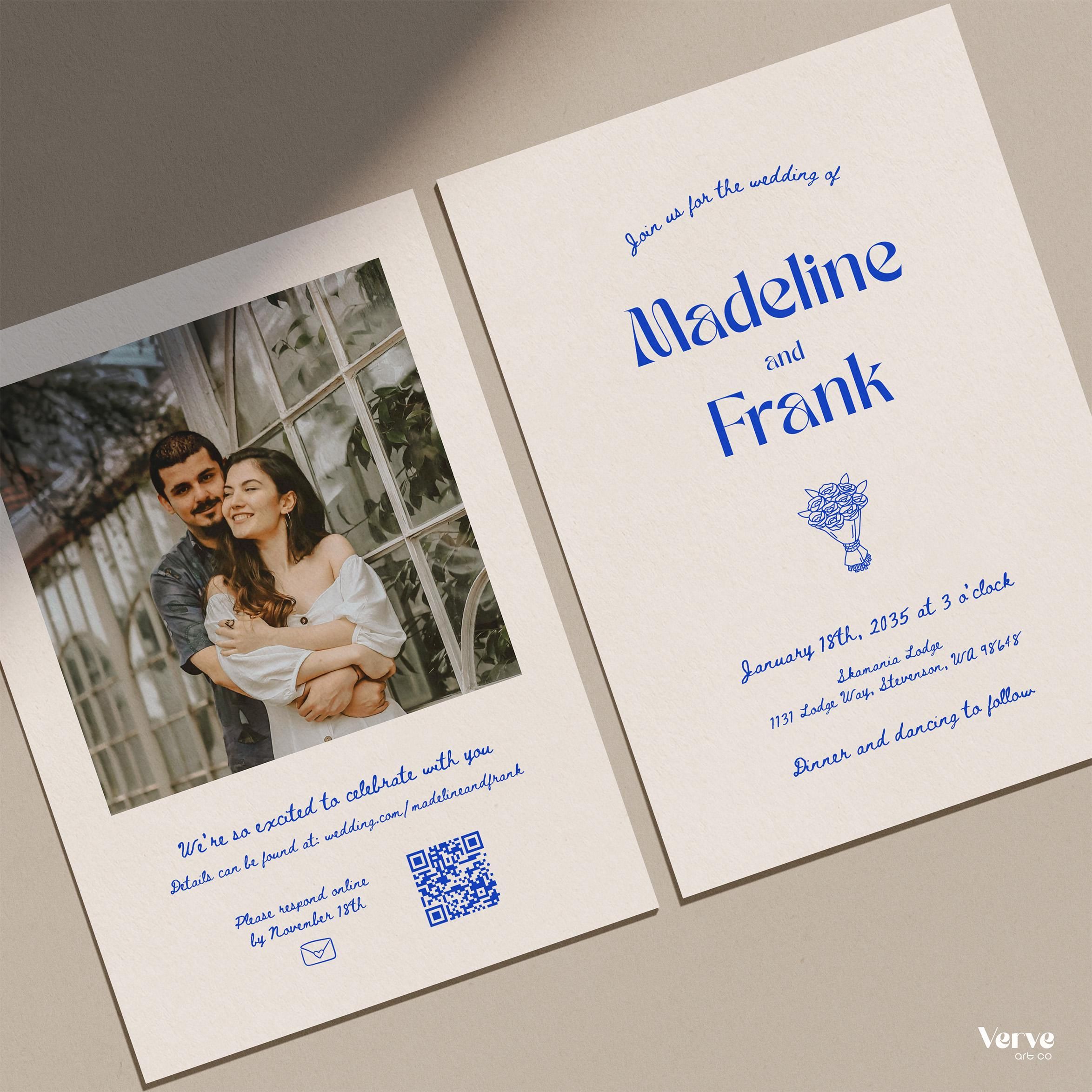 Faire-part de mariage fantaisiste avec photo et code QR (modèle canva modifiable) (WT14)
