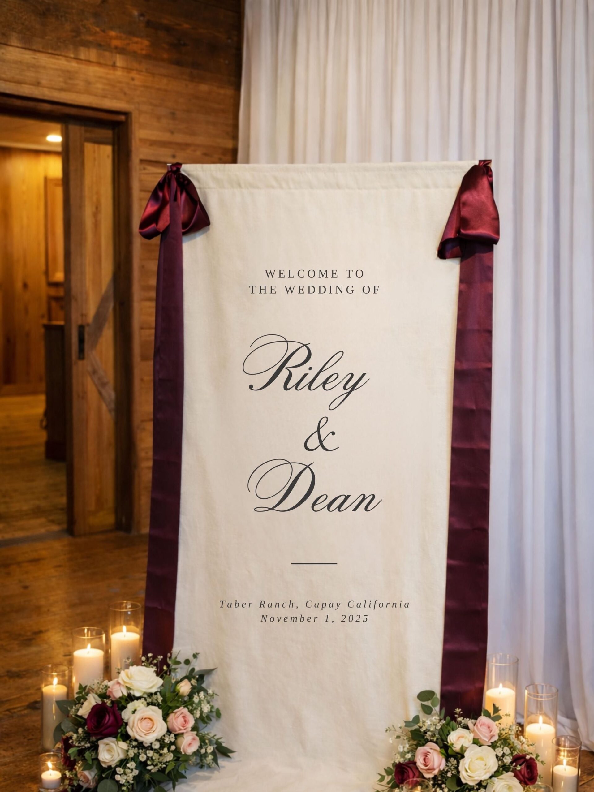 Plaque de bienvenue personnalisée en lin — signalétique de mariage en tissu personnalisée, bannière de cérémonie rustique, décoration en coton naturel, noms et date personnalisés