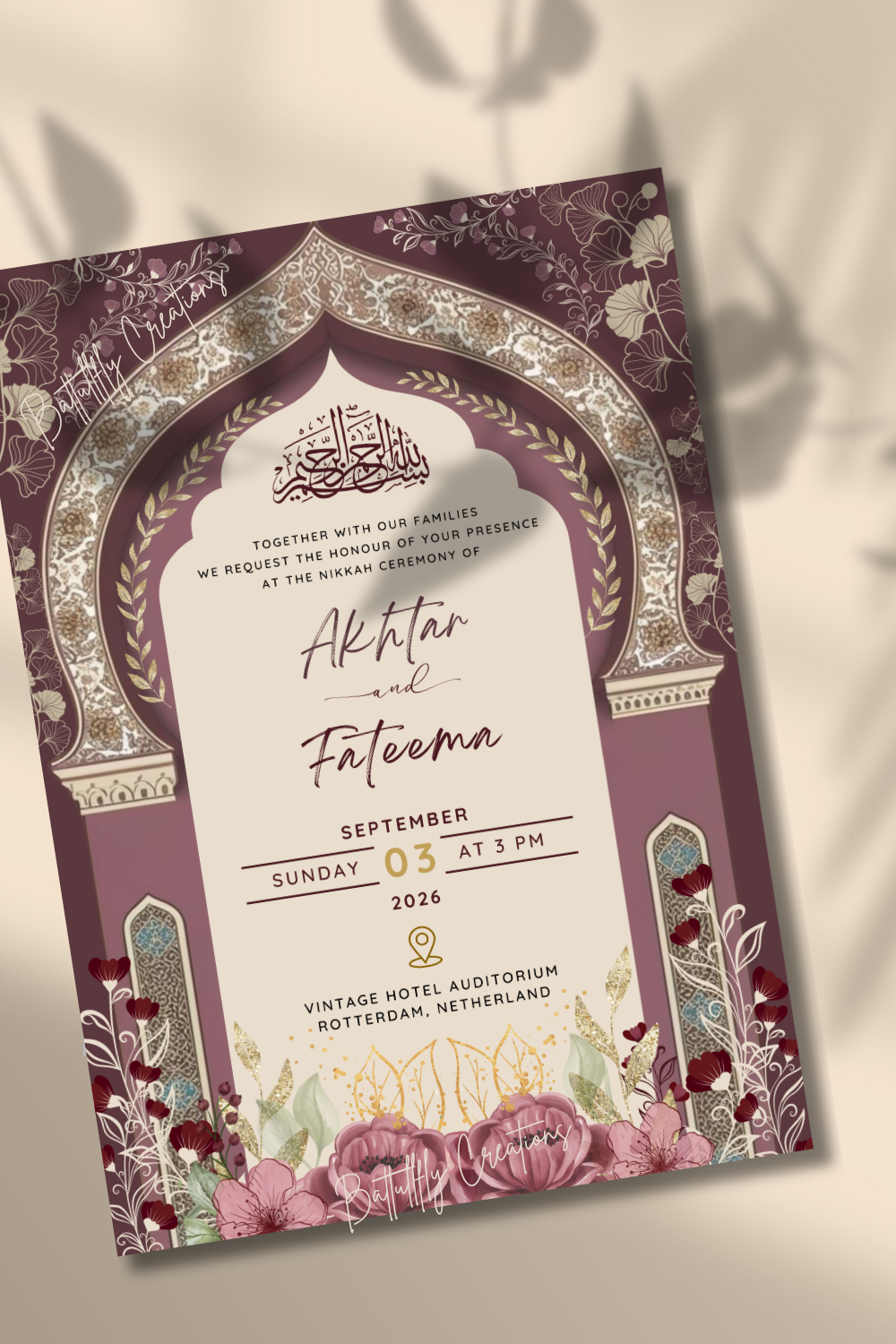 Digital Islamic Wedding Card, Henna Invitation template, Pakistani Invitation Maroon