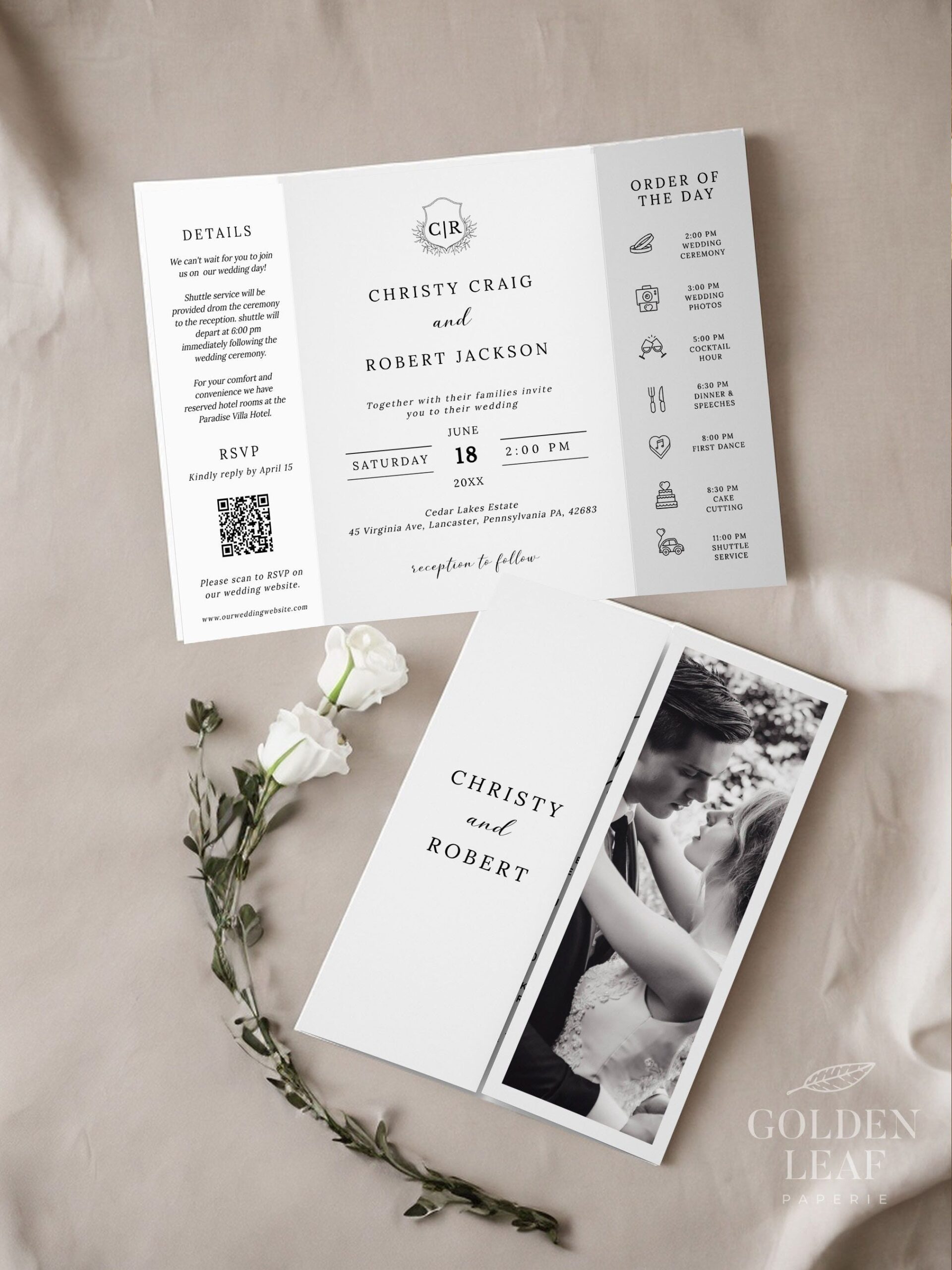 FORMEL | Modèle de faire-part de mariage gatefold, avec code QR, chronologie du mariage cravate noire, faire-part plié, écusson, imprimable, téléchargement