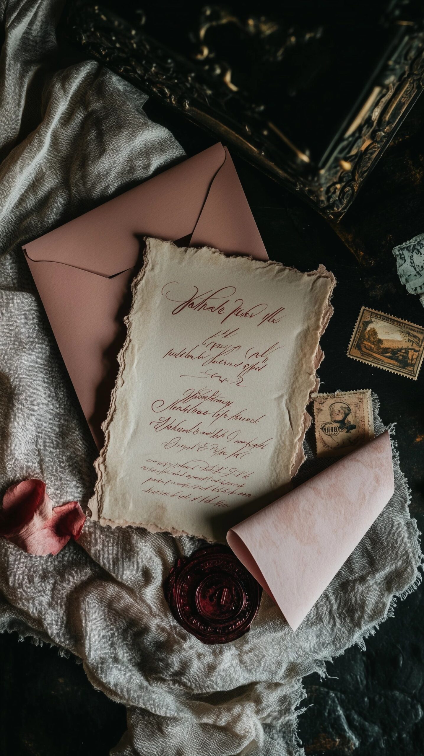 Vintage Wedding Invitation Flat Lay with Blush Envelope