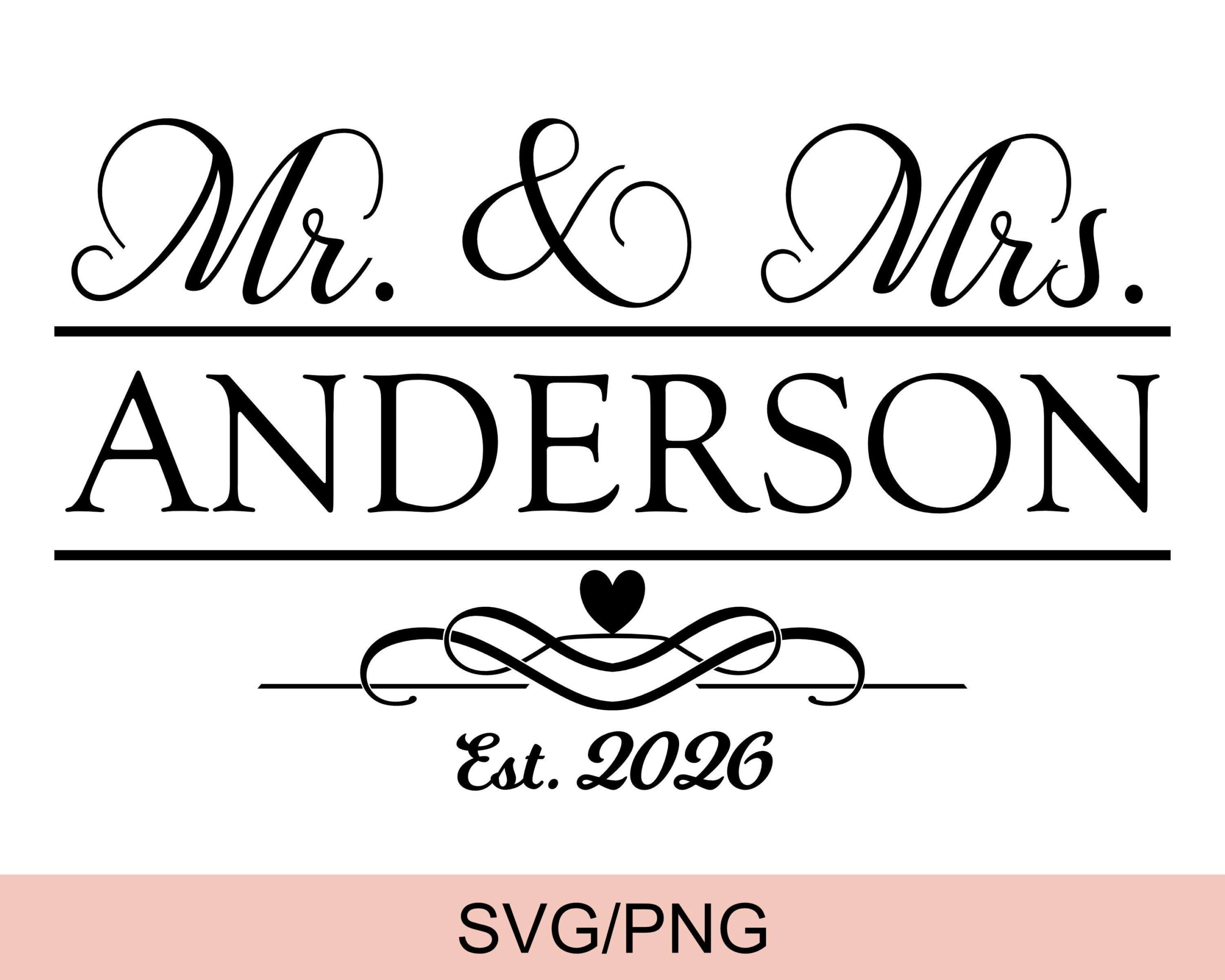 Mariage de M. et Mme 2026 SVG, svg de signe de nom de famille personnalisé