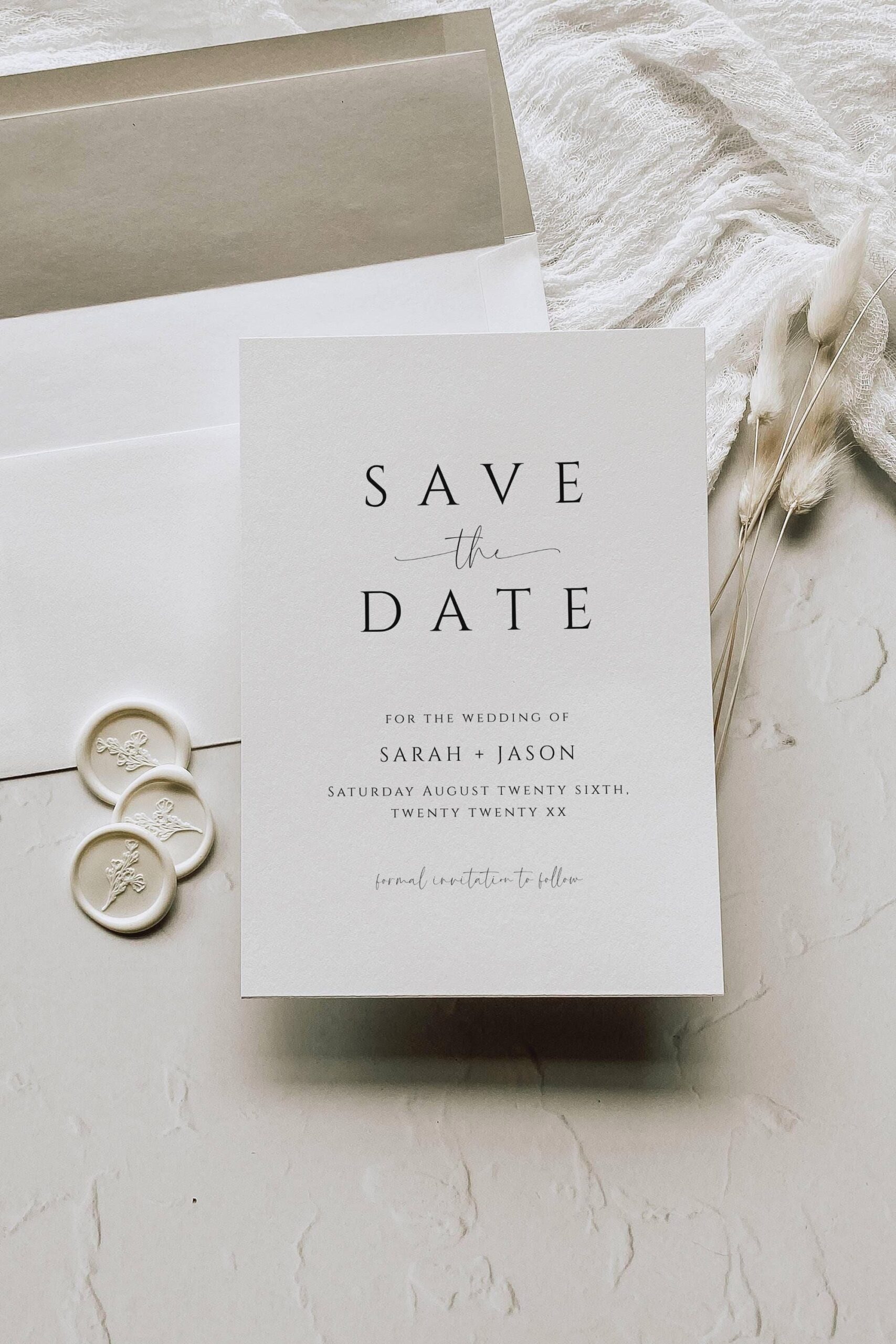Modèle élégant «Retenez la date», simple réservation de notre date d’invitation, faire-part de mariage minimaliste, invitation imprimable moderne, bricolage — SPM3