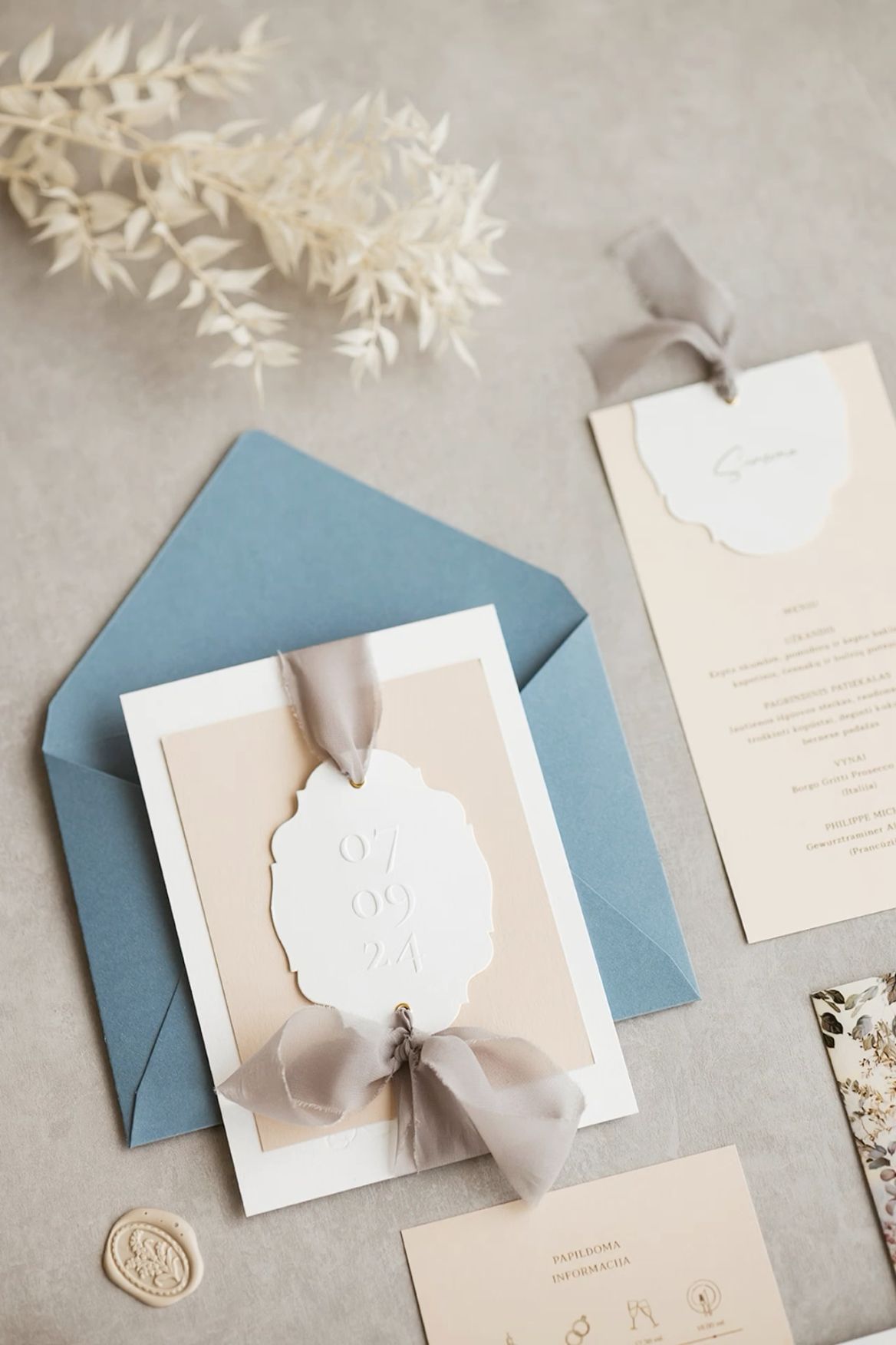 Wedding #date on invitation card #embossed and silk ribbon