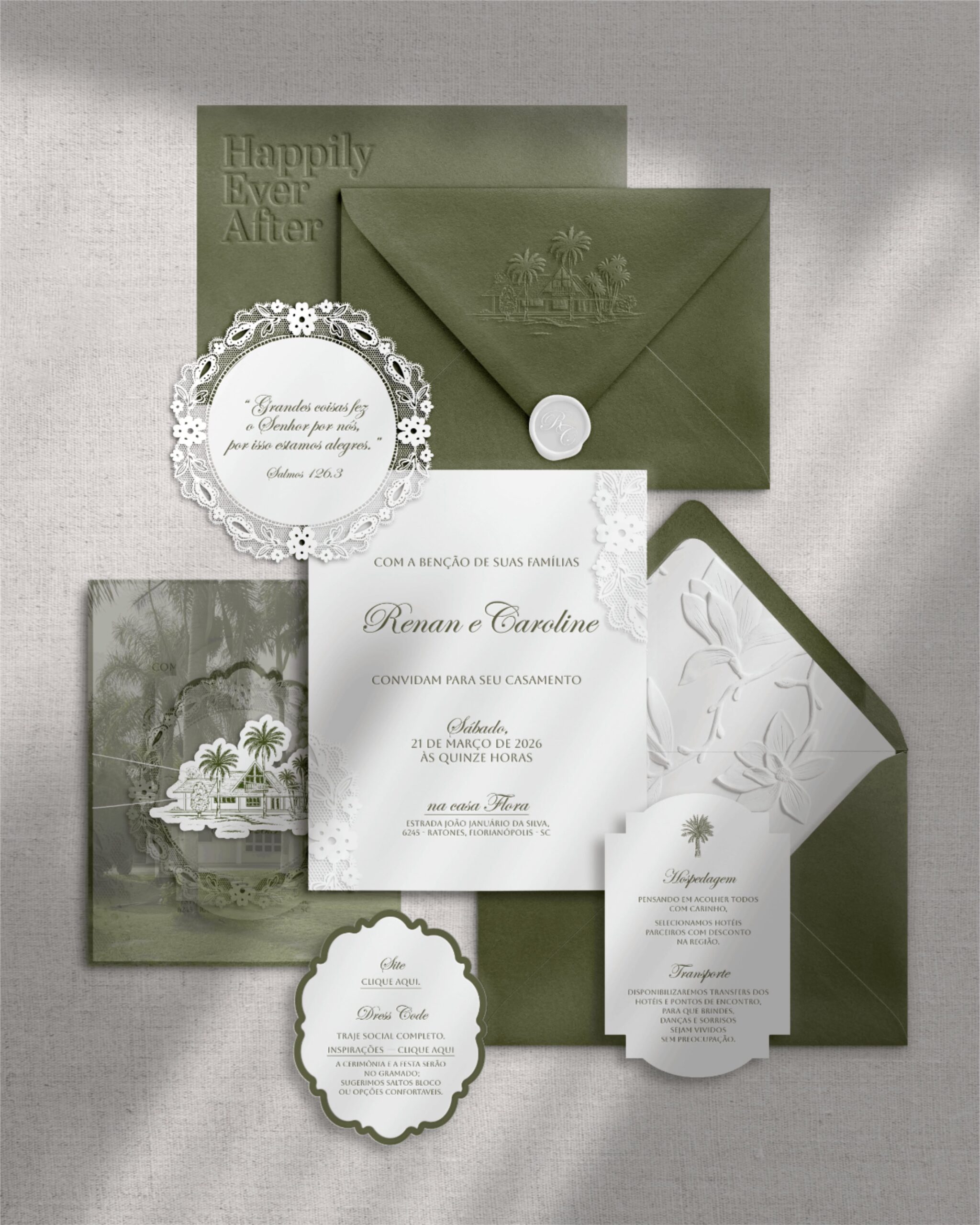 Elegant Green Wedding Invitation Suite | Custom Stationery Design