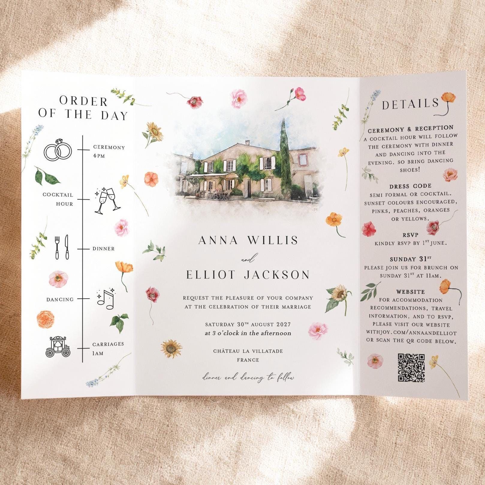Sunflower Orange and Pink Gatefold Wedding Invitation with Custom Watercolour Venue Illustration, Scattered Florals