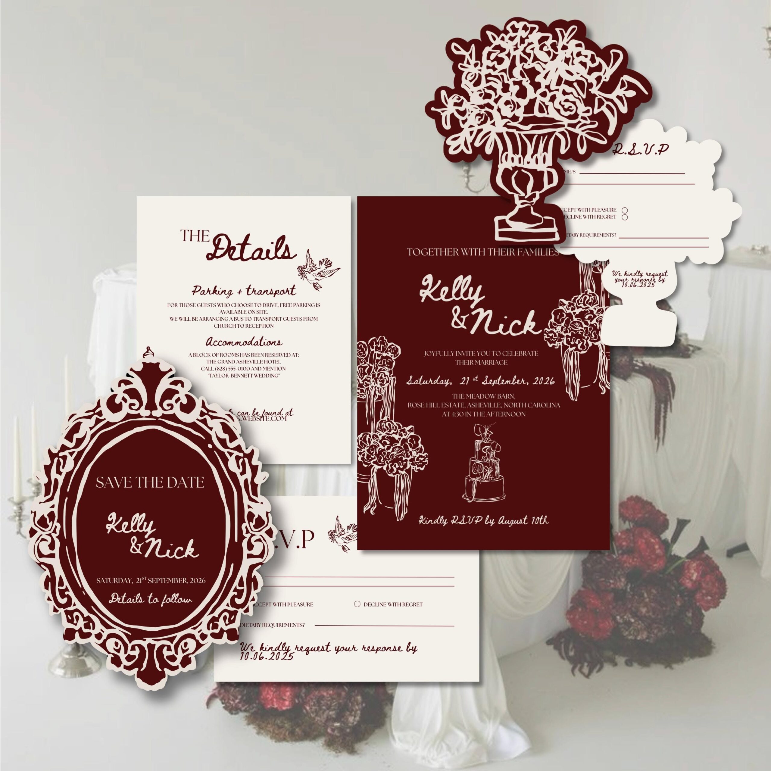Burgundy Wedding Invitation Suite | Minimalist Line Art (Canva Editable, Printable Suite)