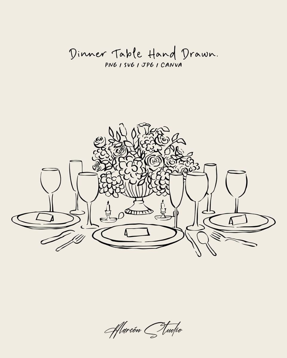 Hand drawn dinner table SVG, PNG, CANVA. Illustration for invitation