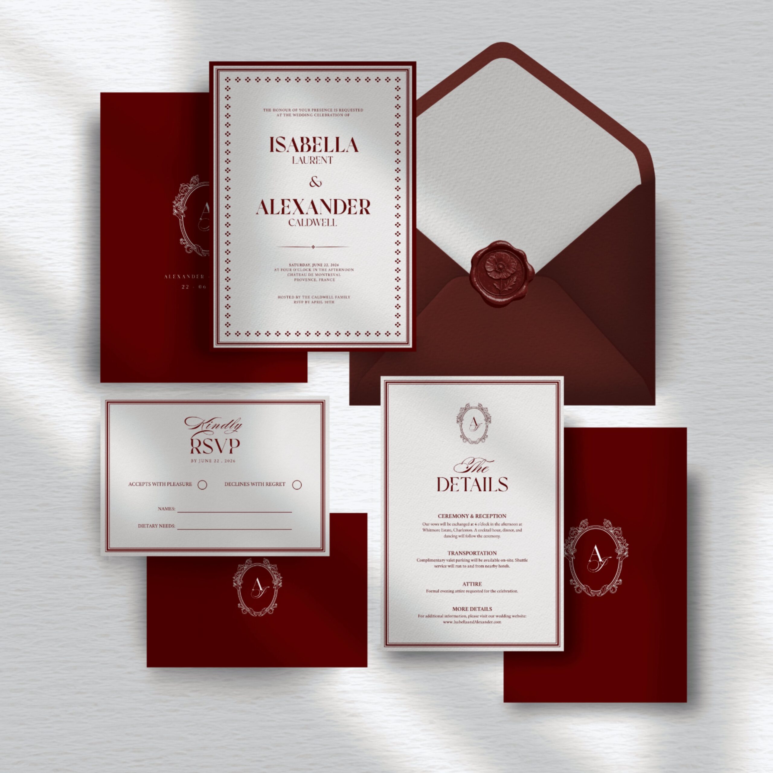 Old Money Wedding Invitation Suite Template Luxury Red & Cream Formal Wedding Invite Editable Canva