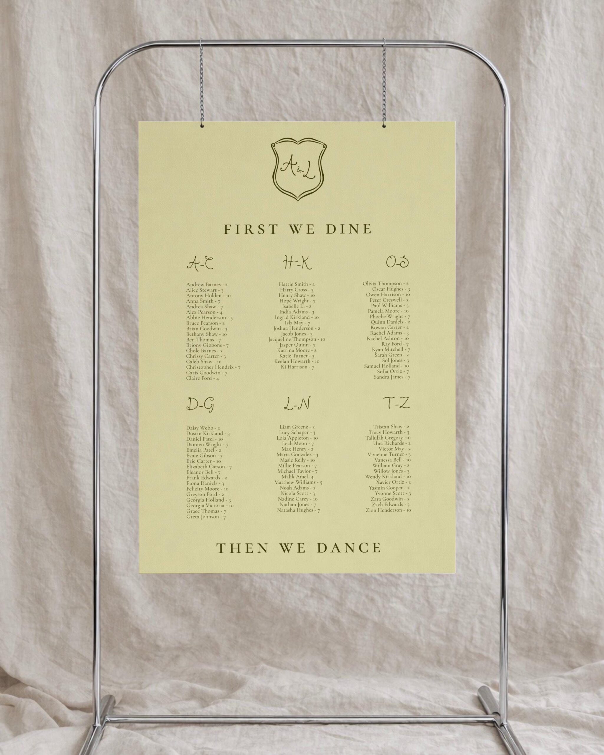 de plan de table pour mariage | Plan de table alphabétique dessiné à la main | Téléchargement numérique modifiable