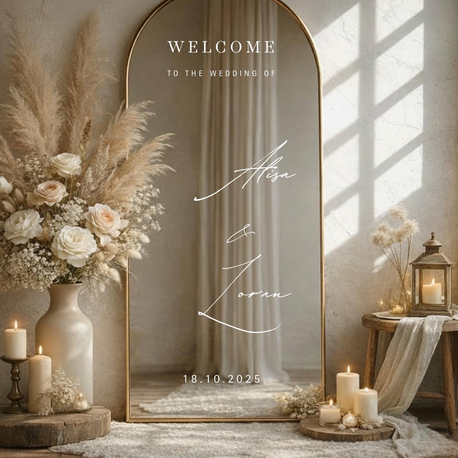 Sticker miroir de mariage personnalisé : prénoms et date personnalisés