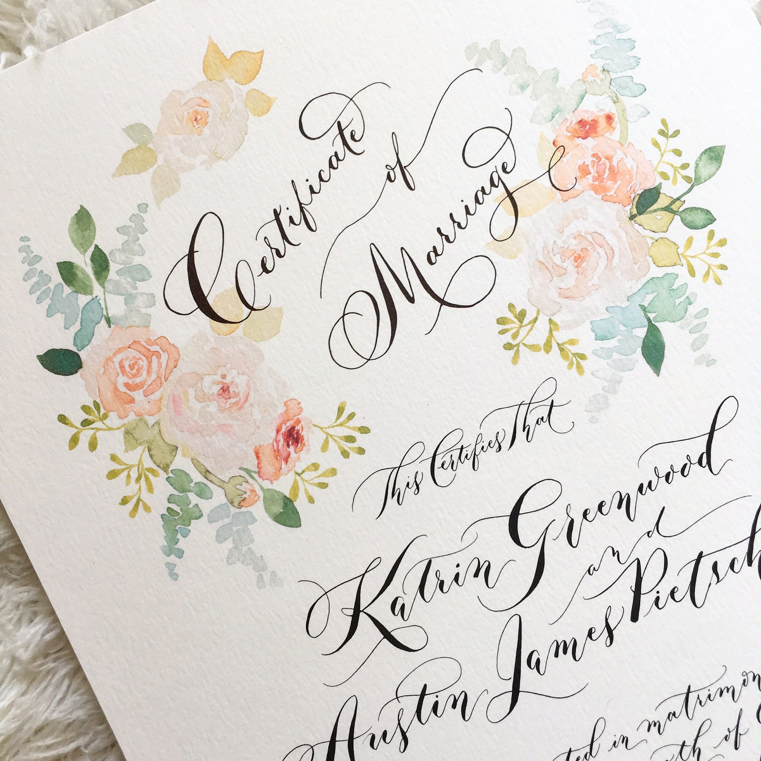 Certificat de mariage aquarelle personnalisé, fleurs pêche, calligraphie, lettrage à la main, souvenir de mariage 12 x 18, héritage personnalisé