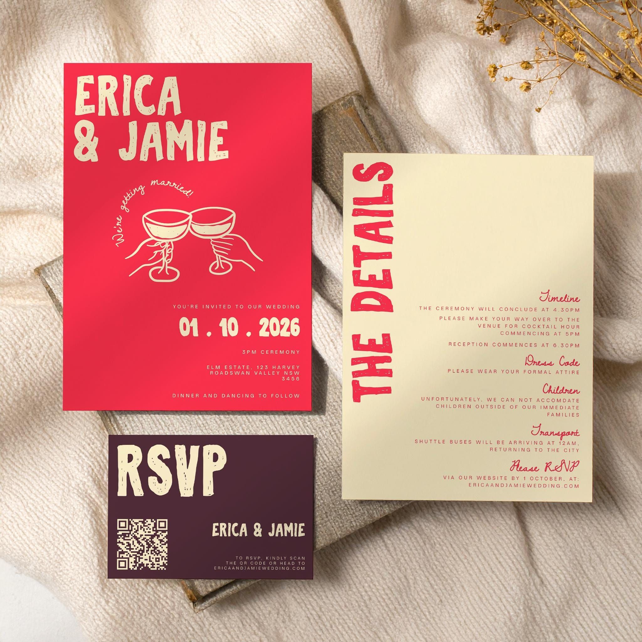 Suite modifiable d’invitations de mariage avec carte RSVP | Cartes d’invitation colorées dessinées à la main | Détails de la réception | Papeterie illustrée ludique