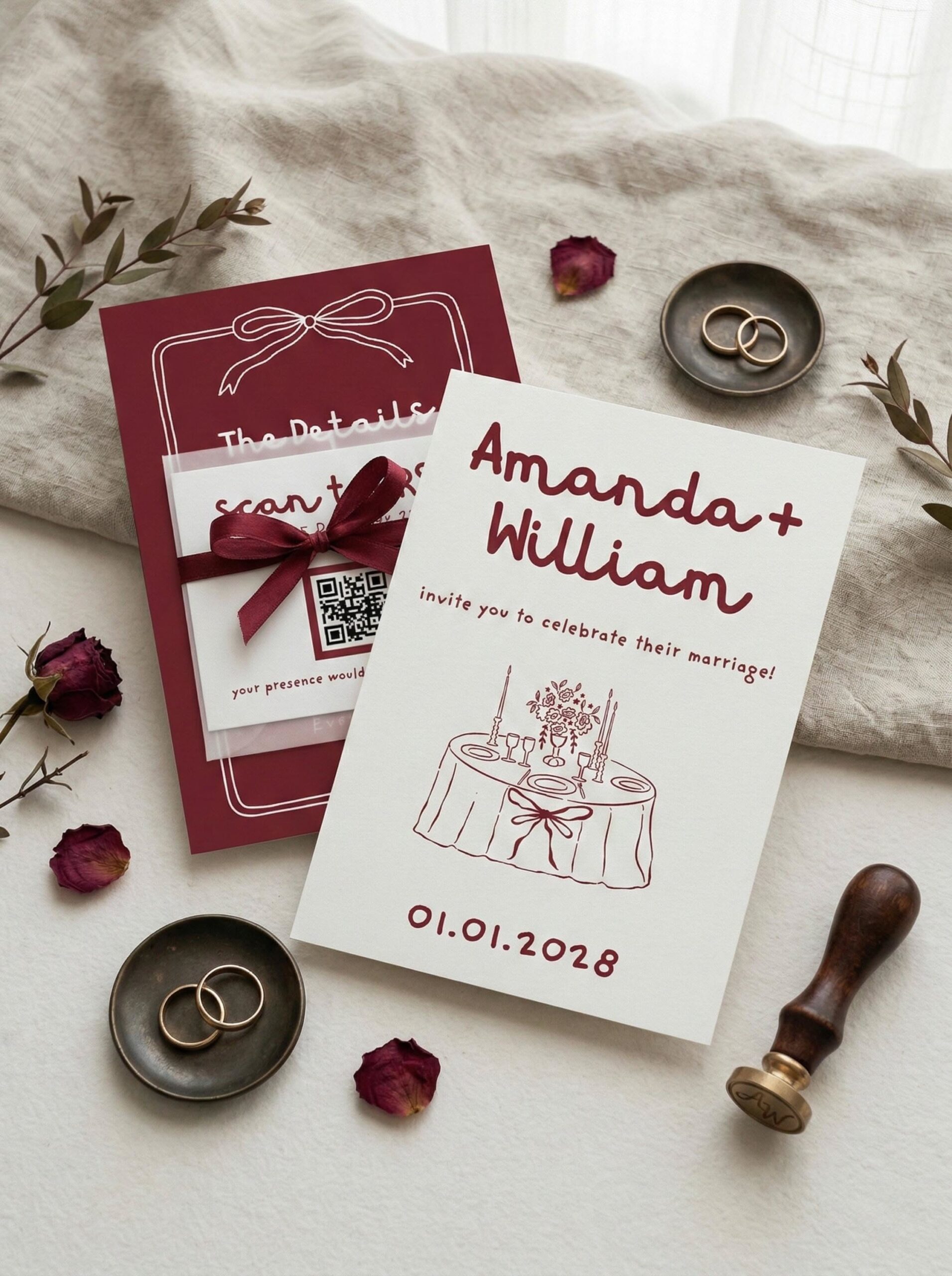 Modèle de suite de faire-part de mariage minimaliste ruban rouge (téléchargement numérique)