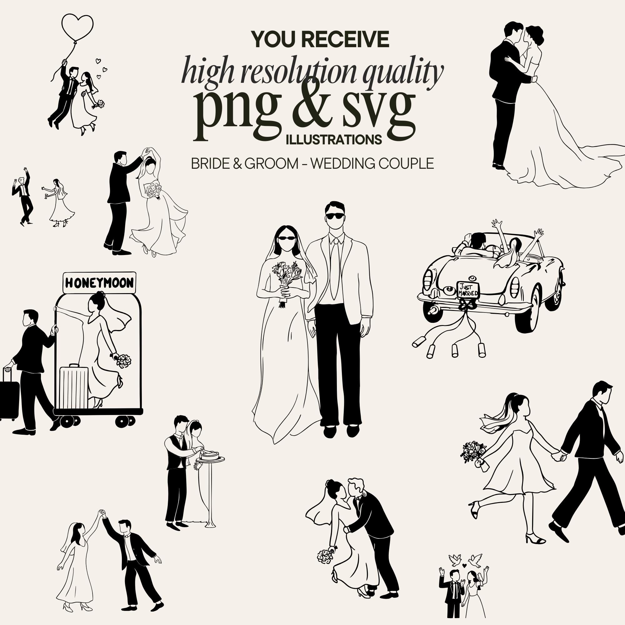 Hand Drawn Wedding Illustration Bundle: SVG, PNG, Bride & Groom Clipart Icons