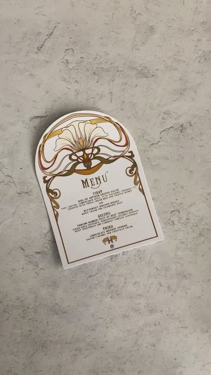 Gold Foil Wedding Menu with Ivory Tassels