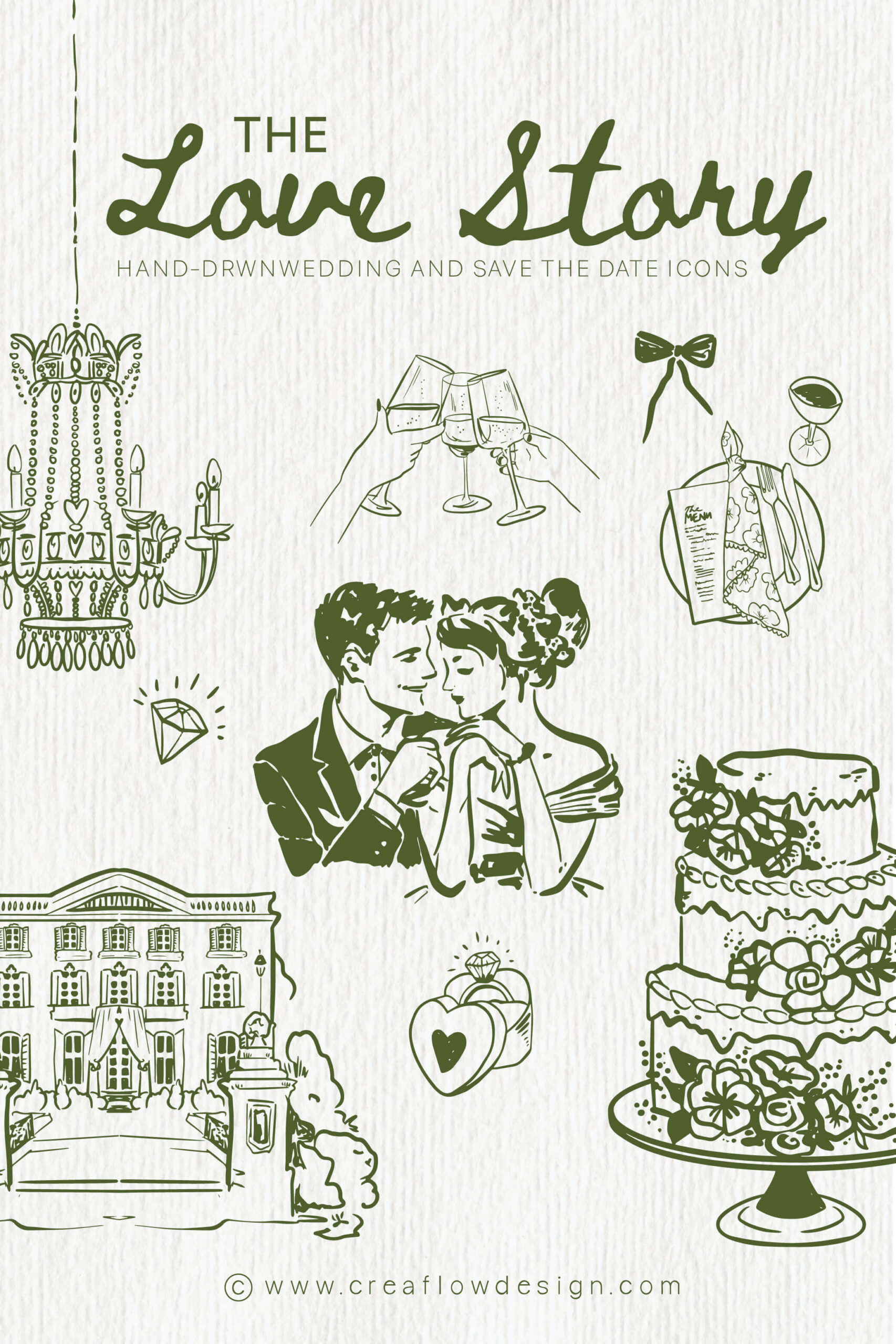 Hand Drawn Wedding Clip Art, Minimal Line Art Bridal and Save the Date Icons for invitations