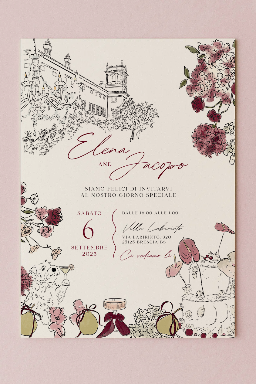 Illustrated Wedding Invitation Design  — Custom European Wedding Stationery with Hand-Drawn Details