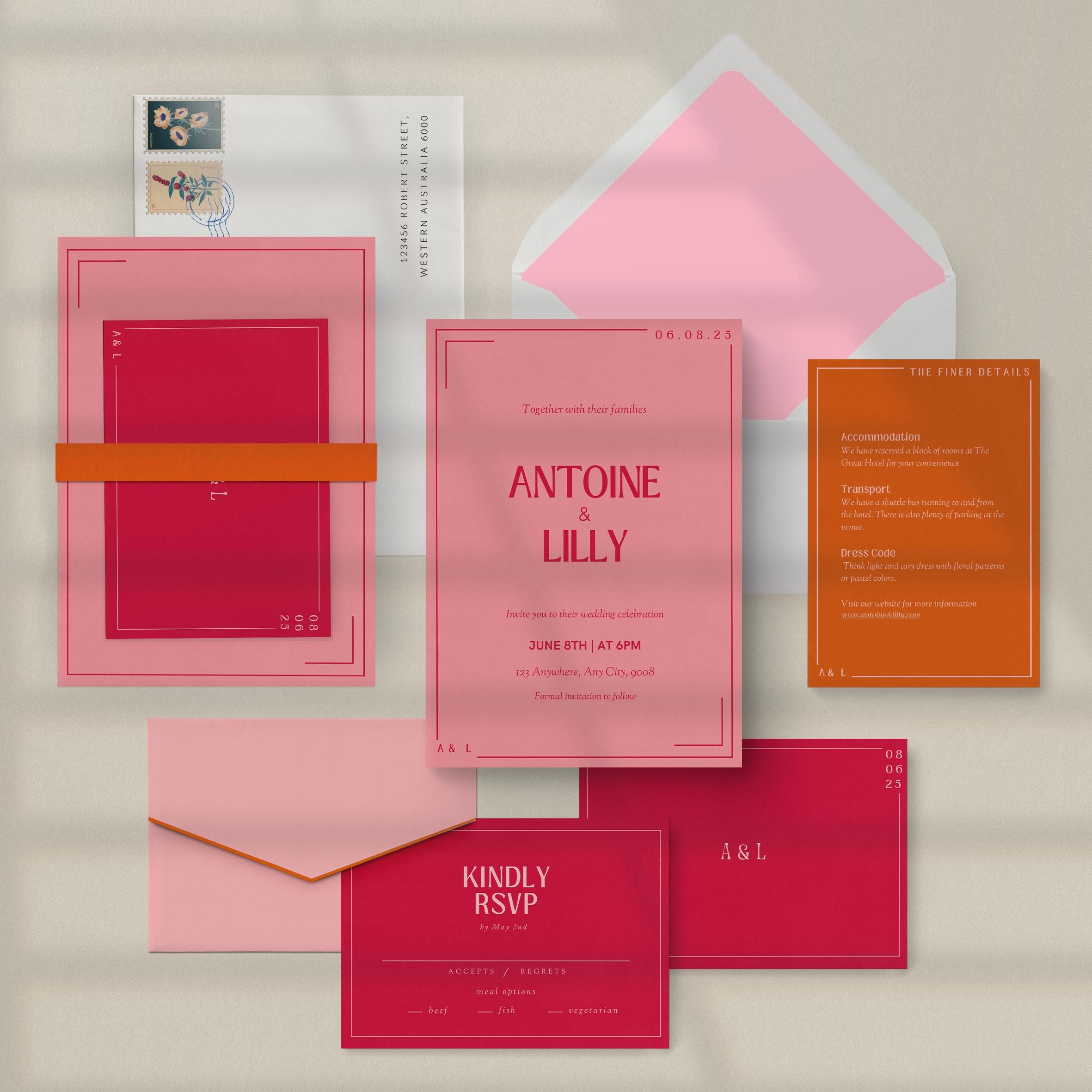 Modèle de faire-part de mariage rétro audacieux, design vintage coloré, faire-part de mariage orange fuchsia, célébration lumineuse, téléchargement numérique sur toile