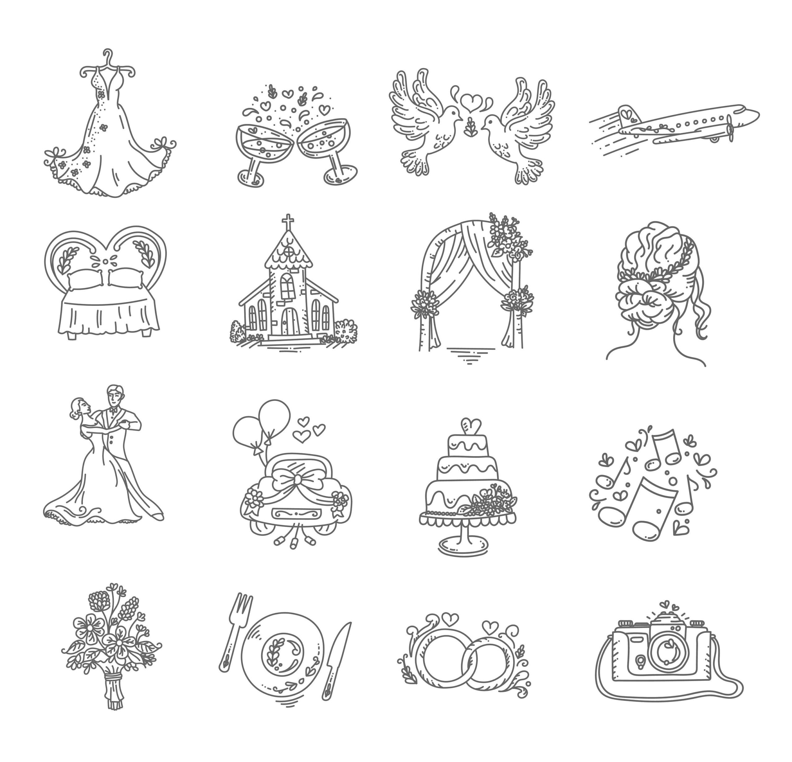 Ensemble d’icônes de griffonnage de mariage : SVG, PNG, EPS dessinés à la main (téléchargement numérique)