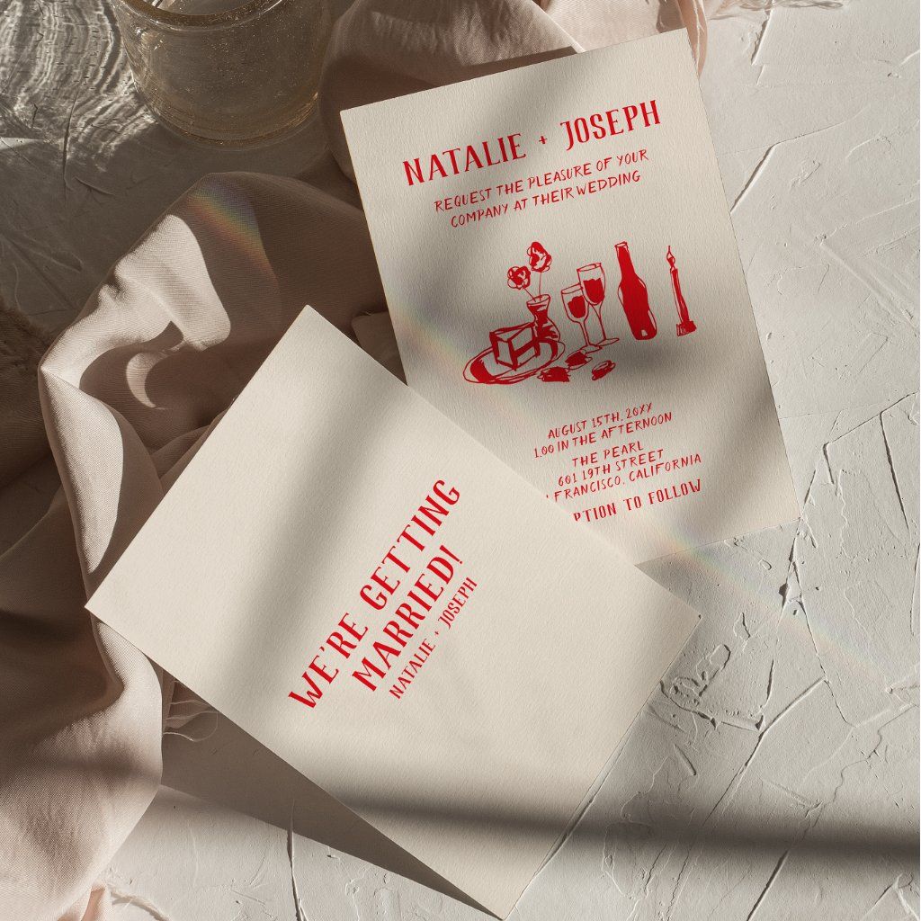 Retro Red Hand Drawn Scribble Quirky Chic Wedding Invitation | Zazzle