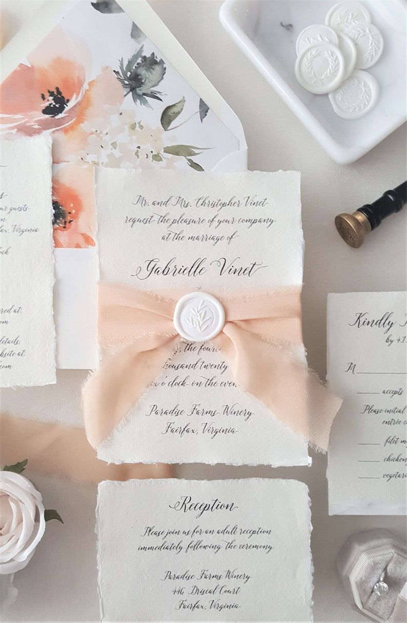 Peach and White Modern Torn Edge Calligraphy Script Wedding Invitations, Rustic Wedding Invitation Suite, Wax Seal and Ribbon Deposit — Etsy