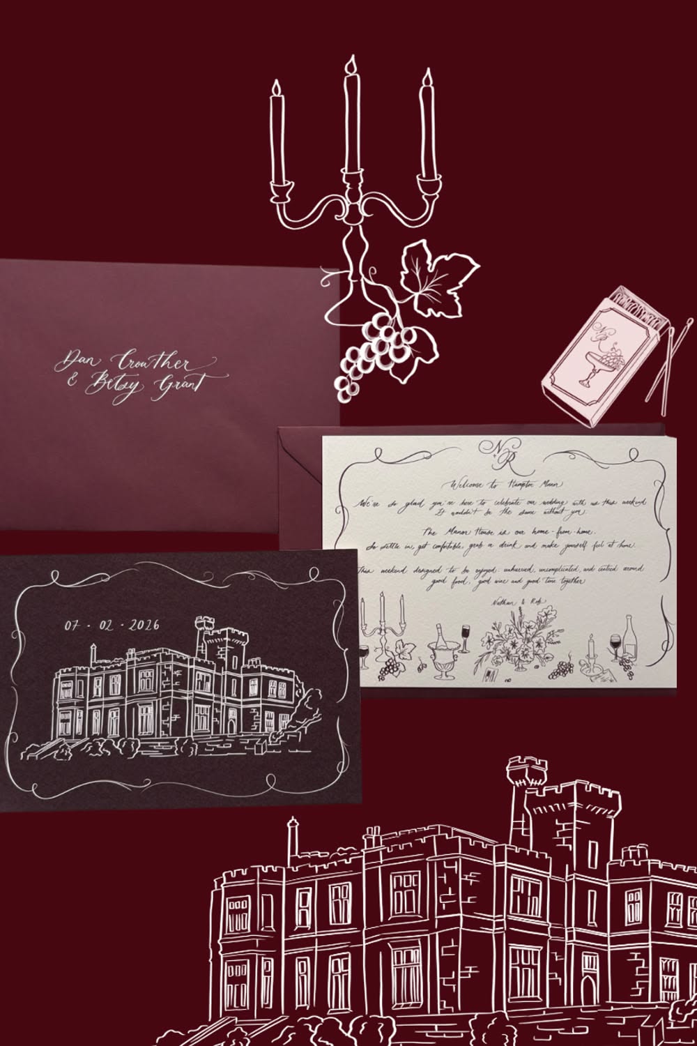 Personalised wedding guest notes with venue illustrations Personalised wedding guest notes with venue illustrations