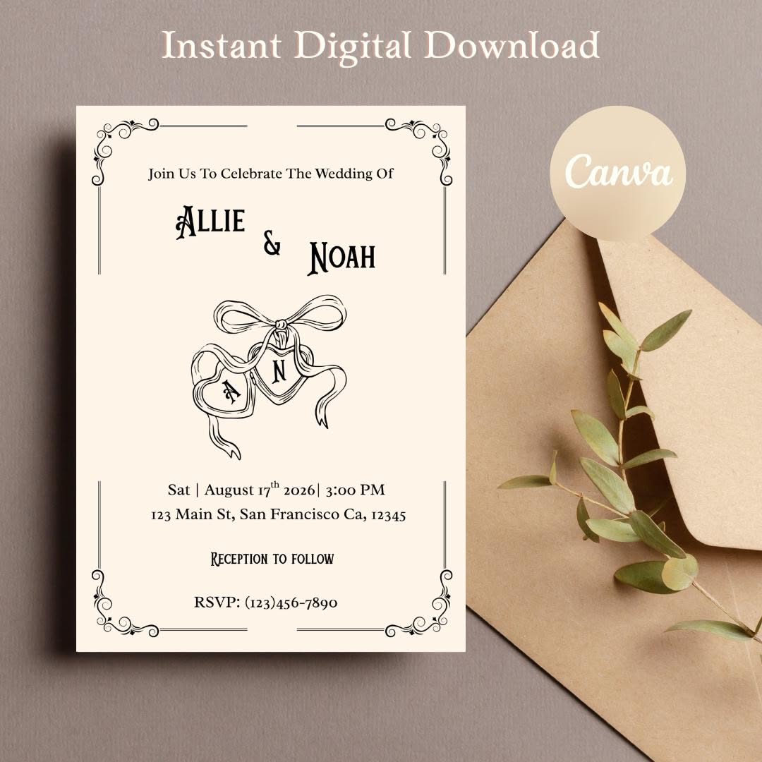 Faire-part de mariage vintage : design vintage sur toile (téléchargement numérique 5 x 7 po.)