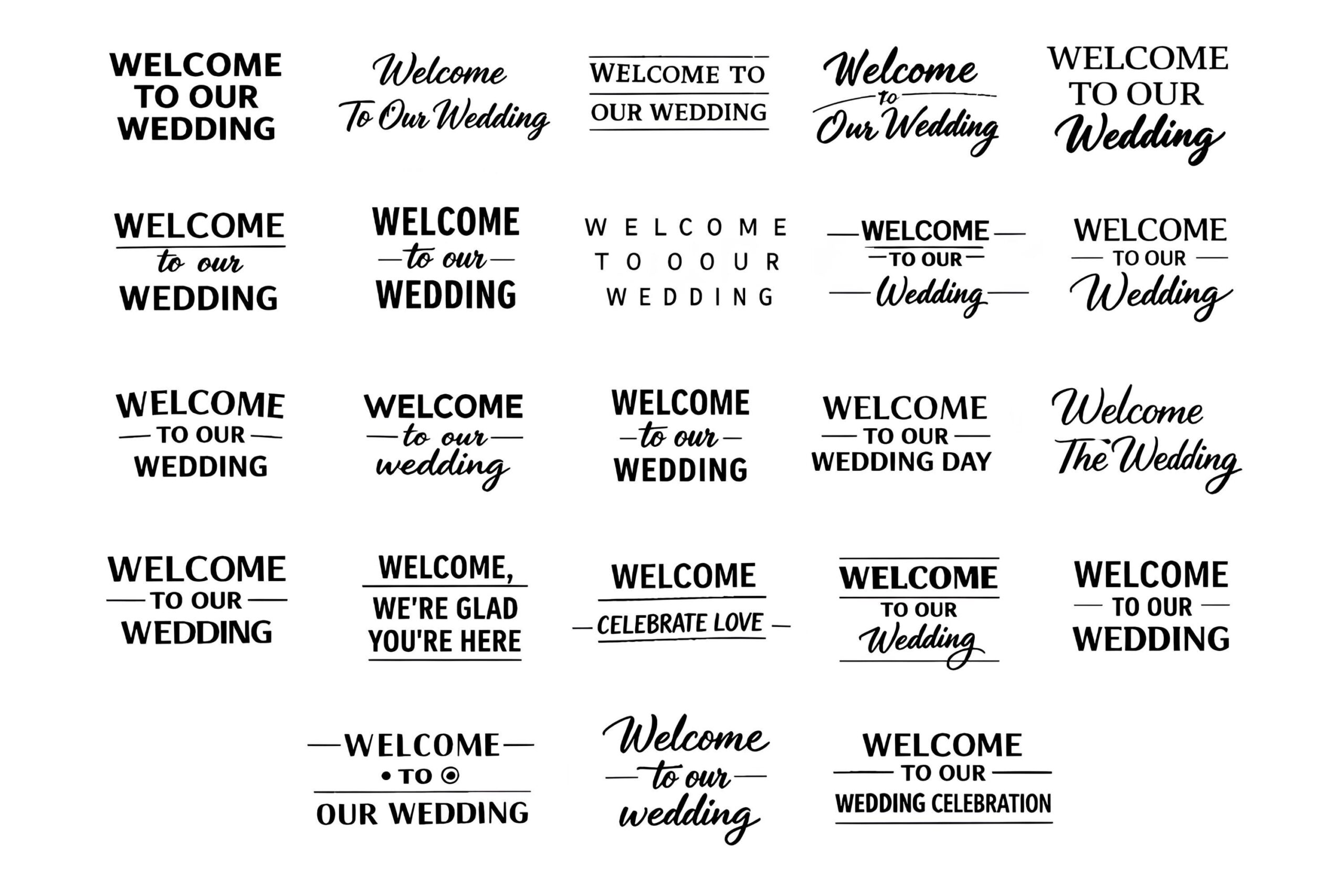 Wedding Welcome Sign Typography Collection — 23 Distinct Minimal Text Designs, Solid Black Lettering, White Background, Cricut Silhouette