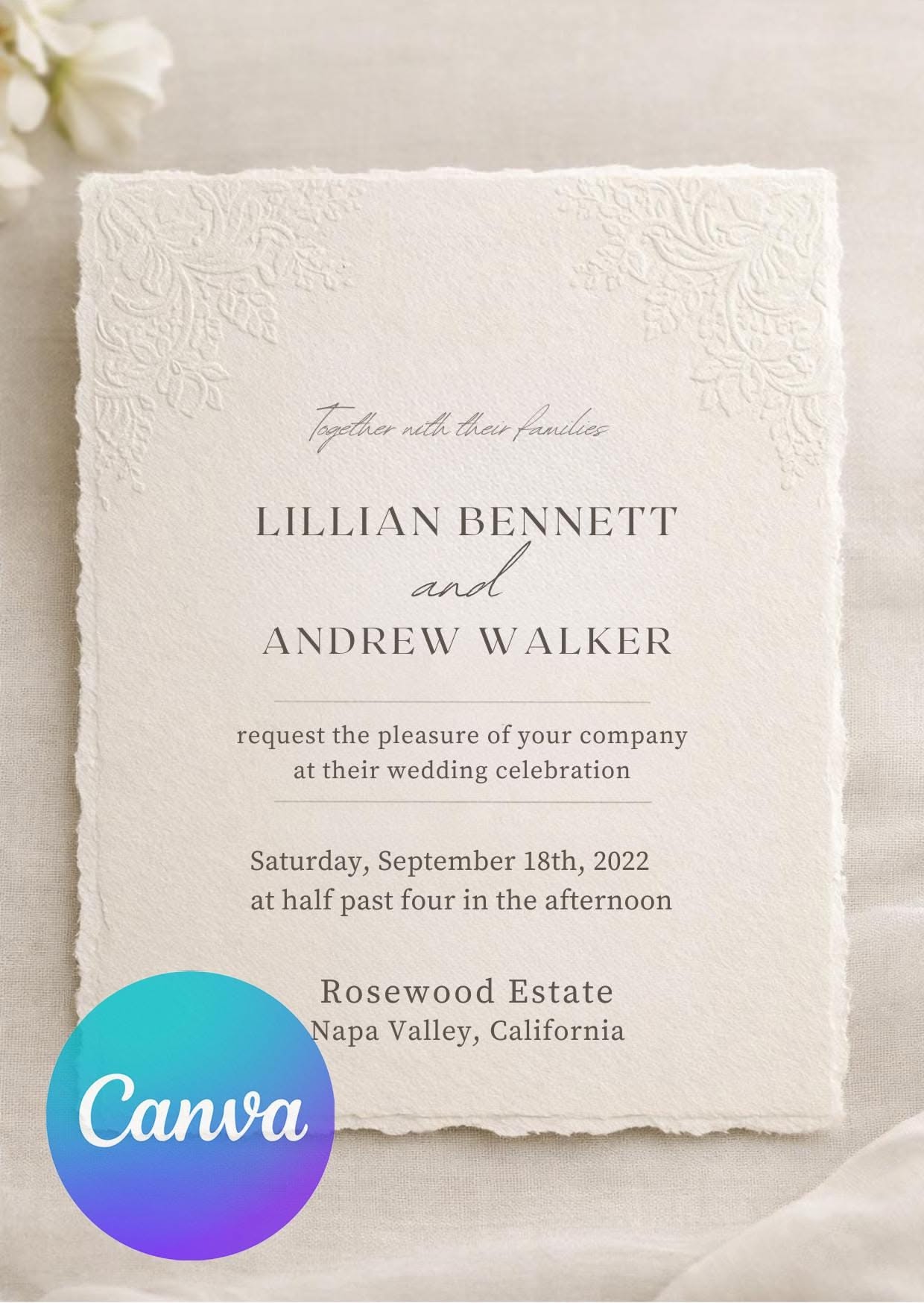 Modèle minimaliste de faire-part de mariage élégant | Motif d’angle en dentelle en relief | Faire-part de luxe sur toile imprimable