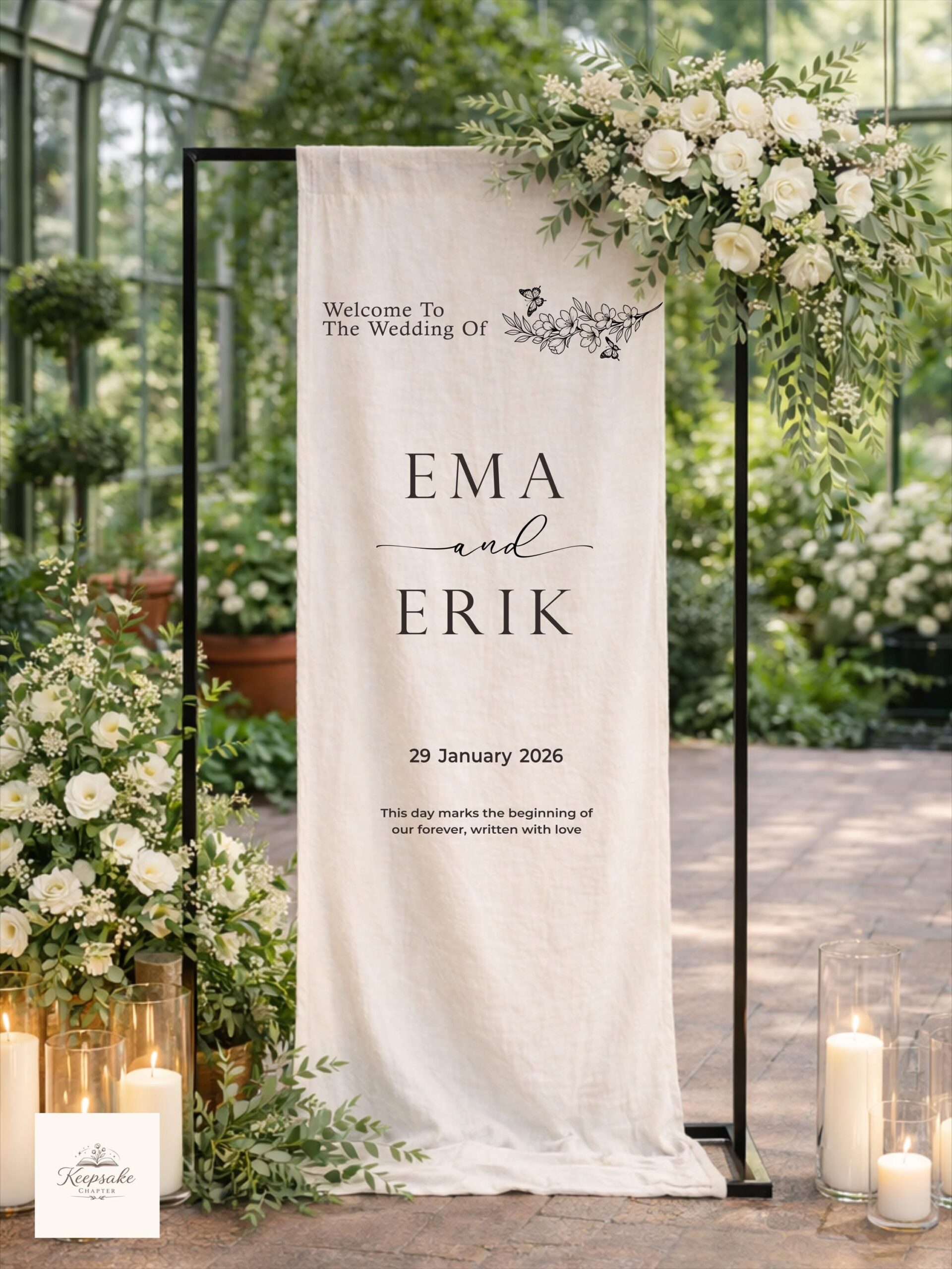 Plaque de bienvenue de mariage en tissu personnalisée — Bannière de mariage en lin personnalisée avec nom et date