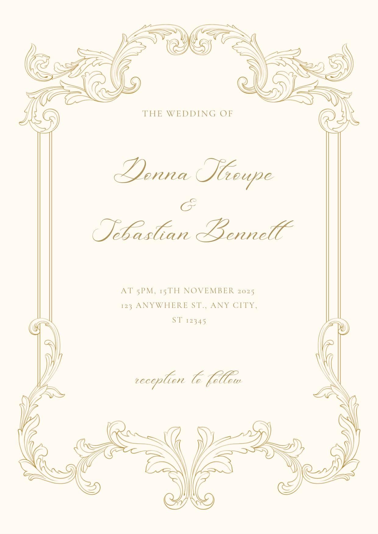 Gold Ornate Frame Wedding Invitation Template (Editable Canva)