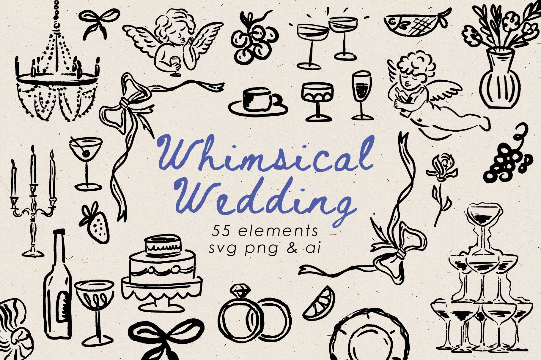 Lot de mariage fantaisiste dessiné à la main, icônes d’illustration de mariage pour invitation, modifiables sur Canva, Doodle de mariage dans un style original en SVG